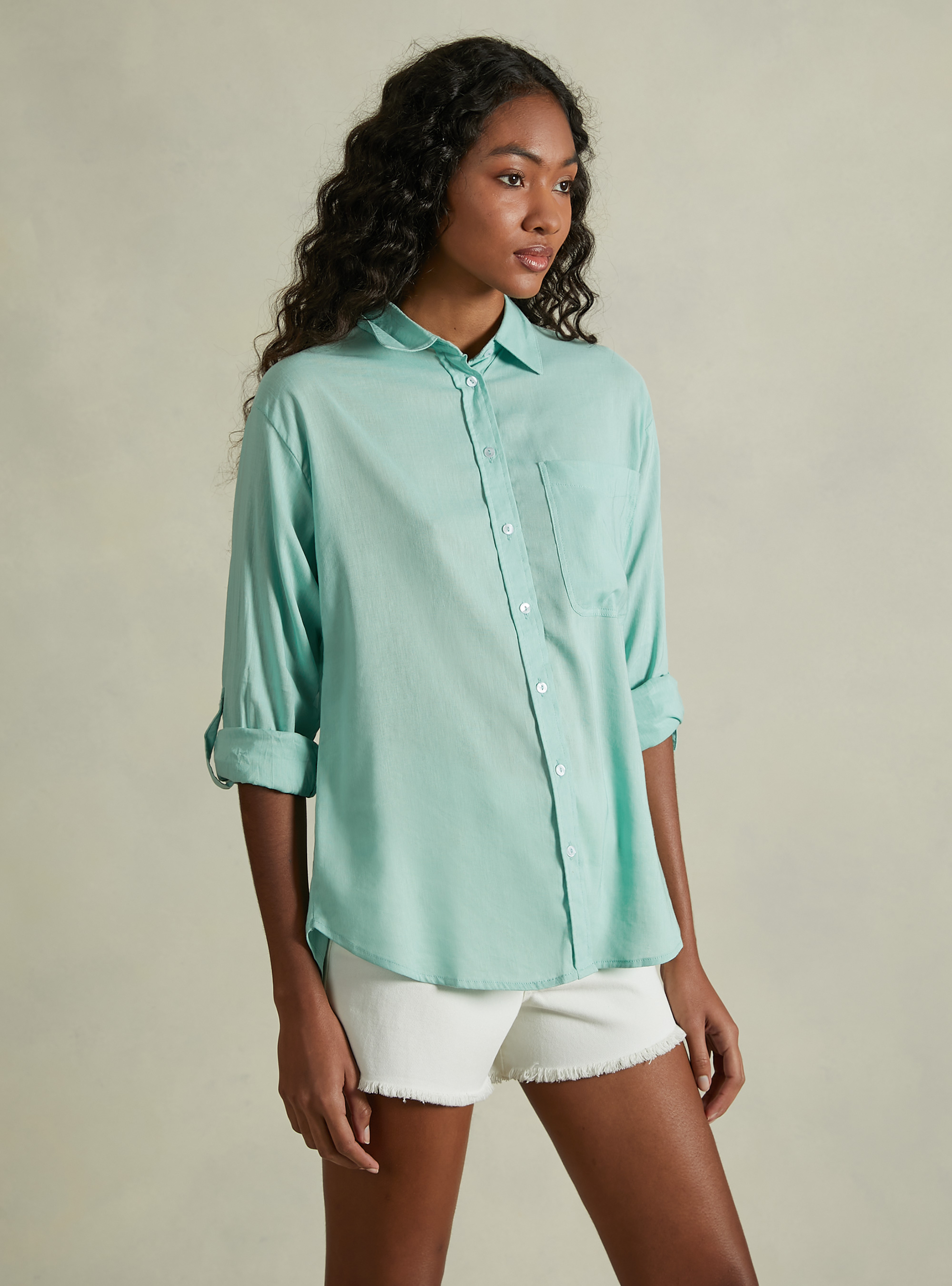 Camisa de mezcla de lino con bolsillo en el pecho, GA3 AQUA GREEN LIGHT