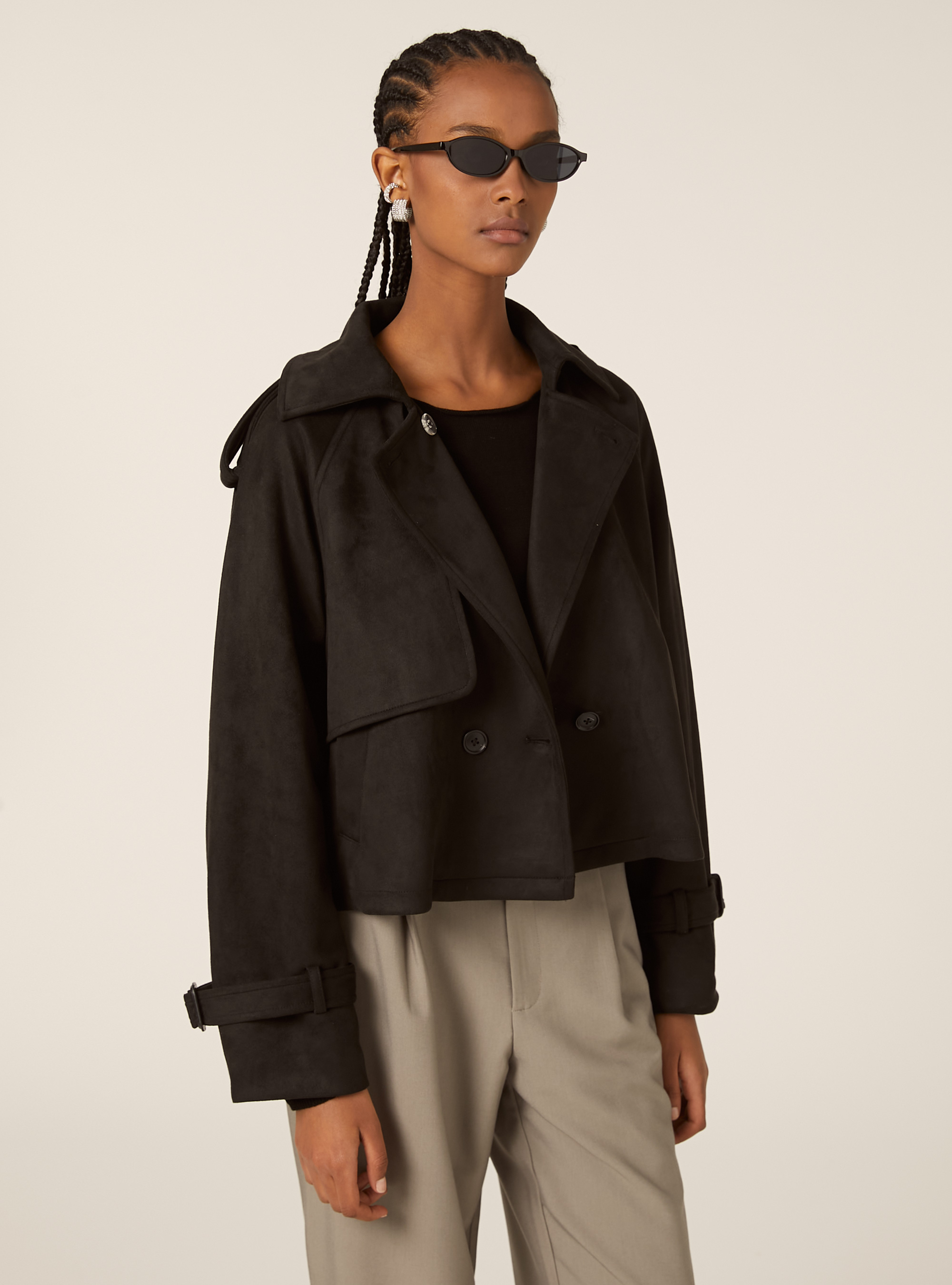 Cropped suede-effect trench coat, BK1 BLACK