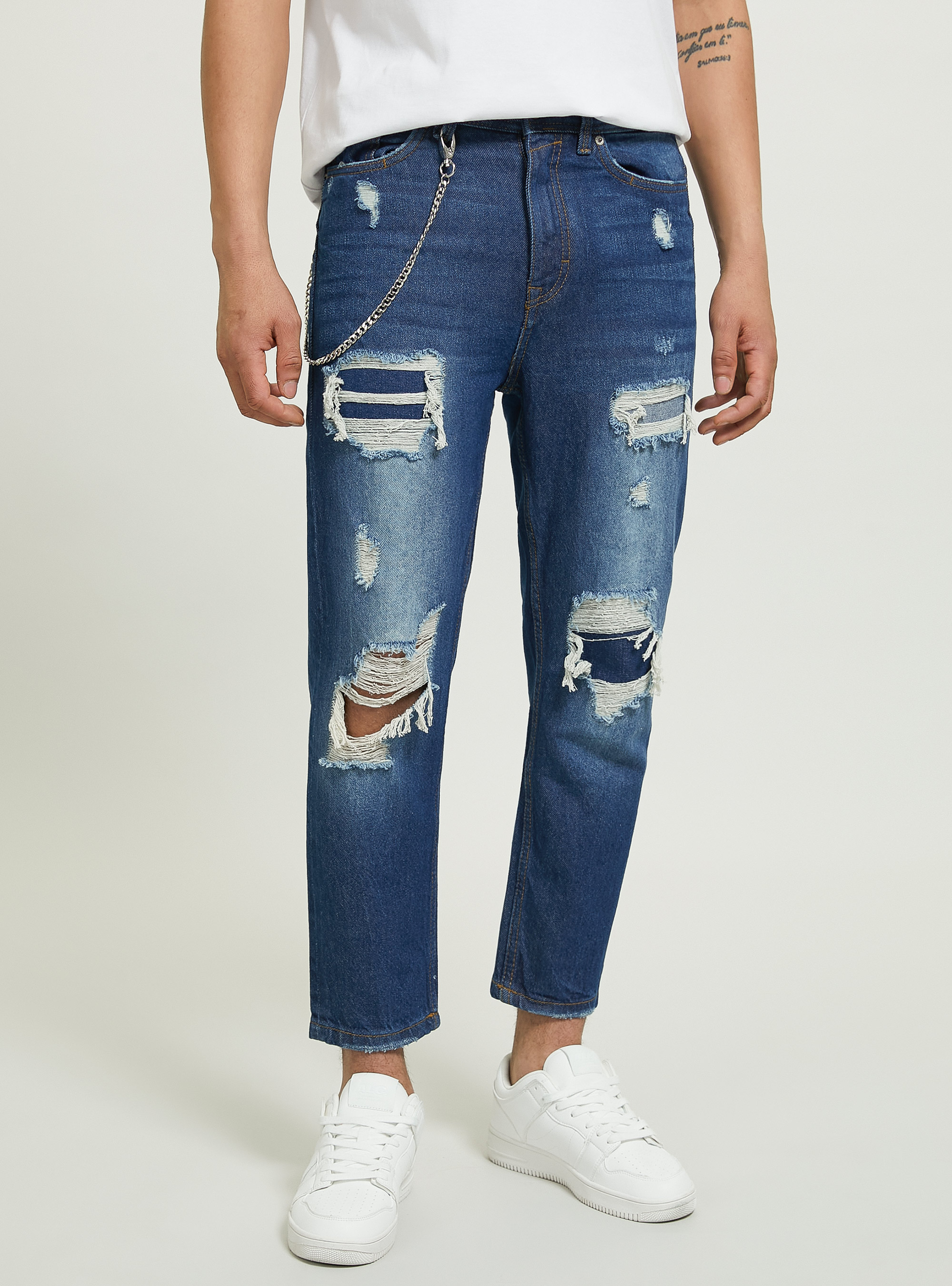Relaxed fit jeans with tears, D002 MEDIUM DARK BLUE
