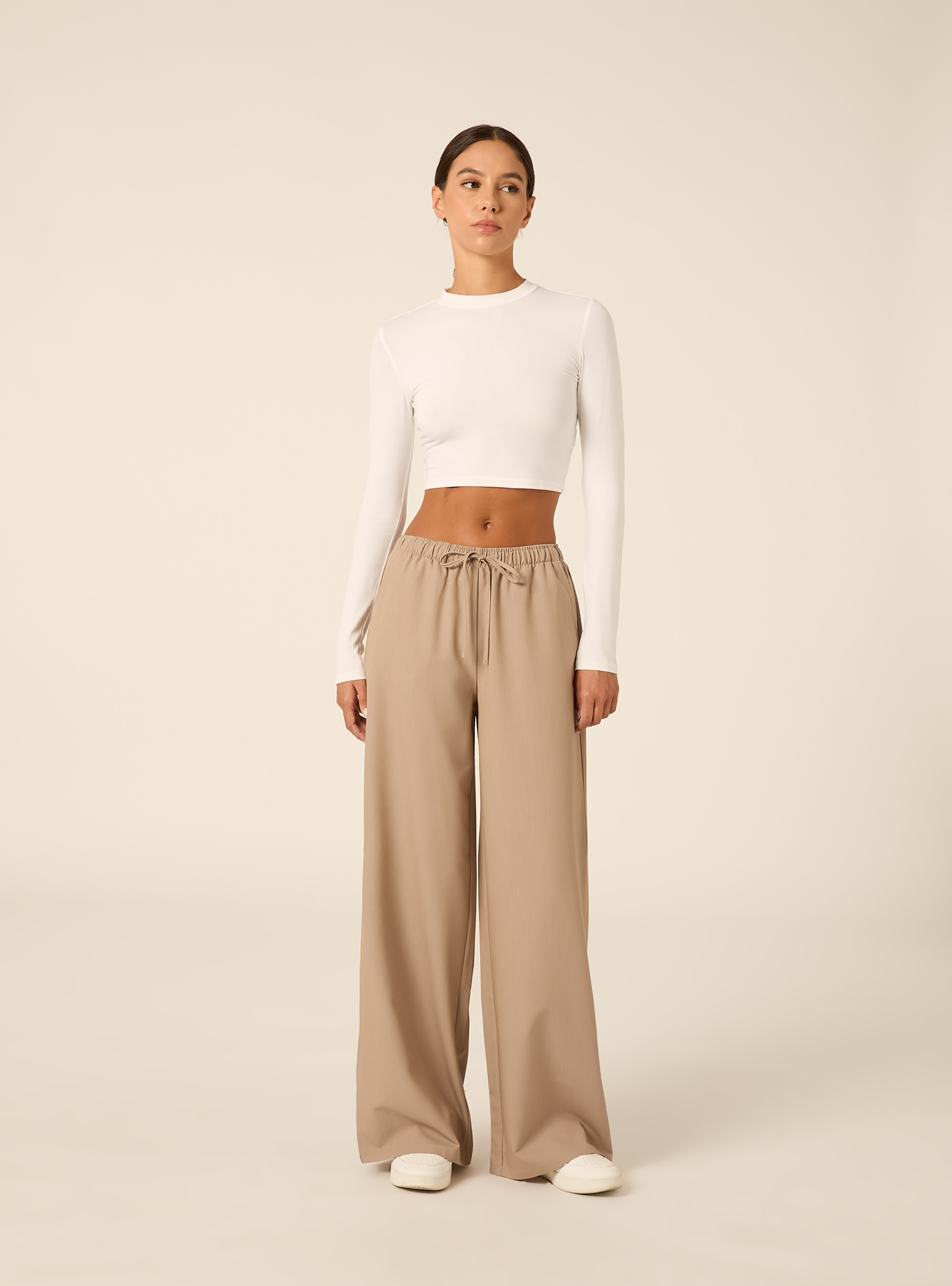 Pantaloni con elastico in vita straight, BG1 BEIGE DARK