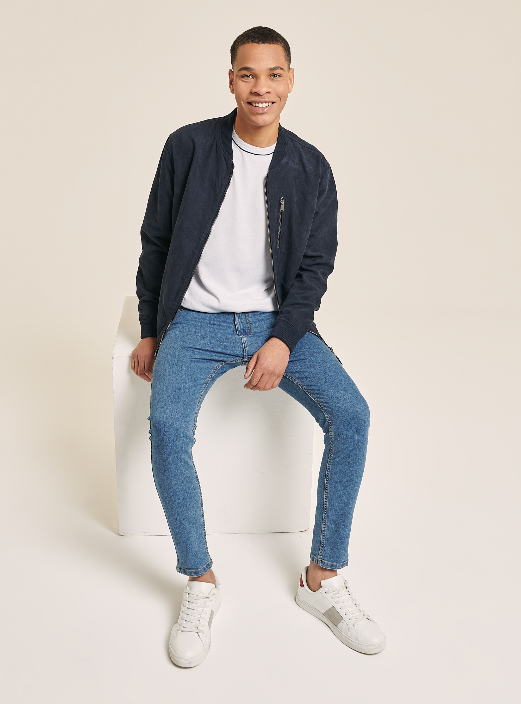 Blouson bomber effet faux daim, C204 BLU NAVY