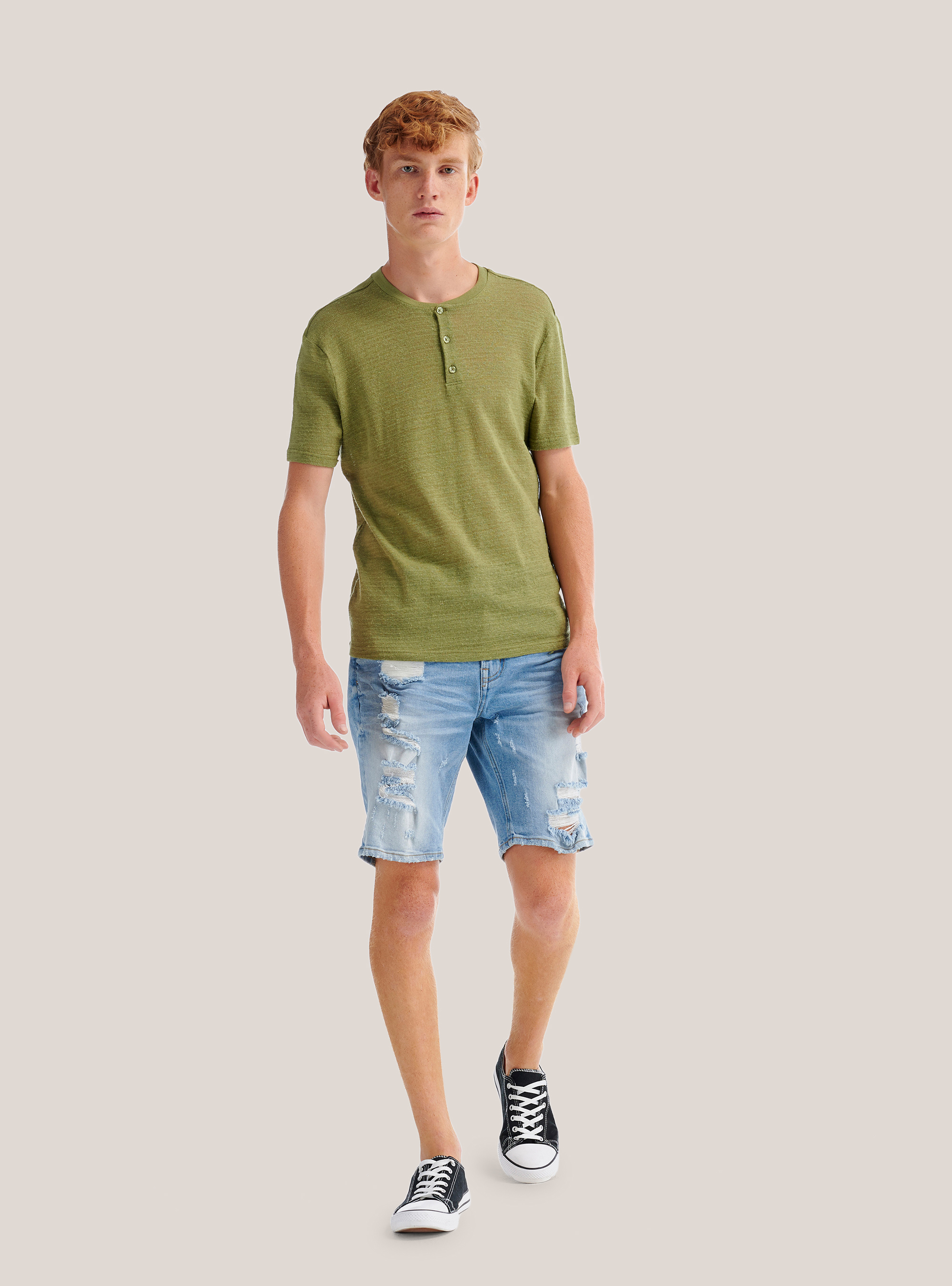 Maglietta serafino in misto lino, C0606 KAKY