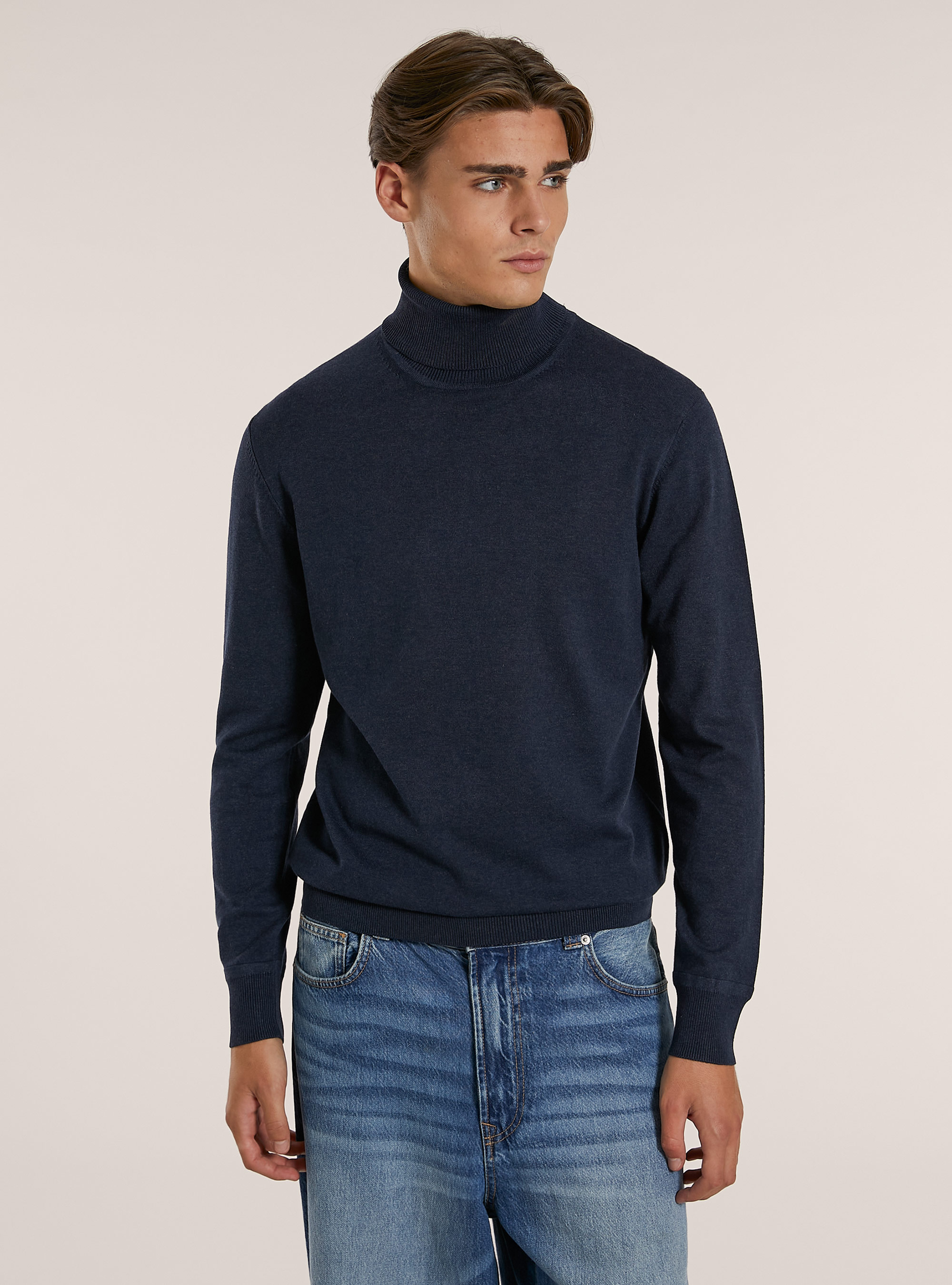 Pullover collo alto in viscosa, MNA2 NAVY MEL MED