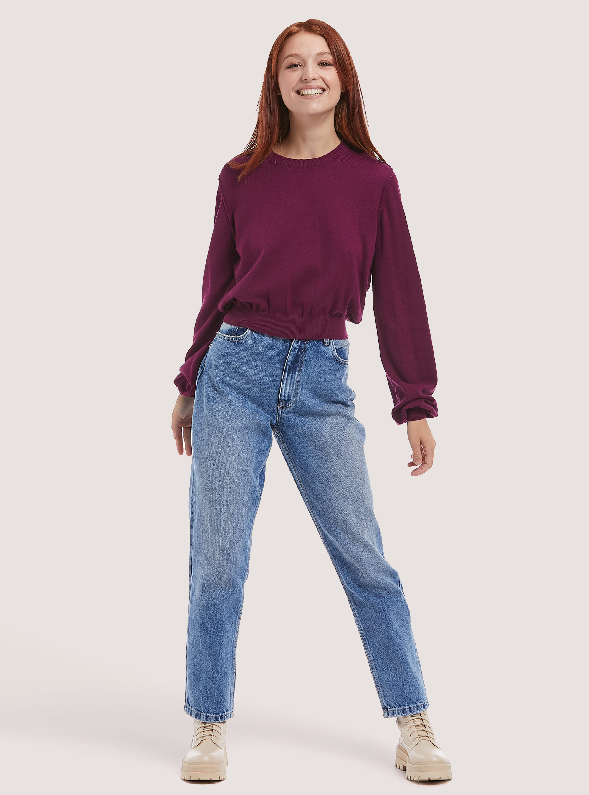 Cropped pullover with puff sleeves, PURPLE