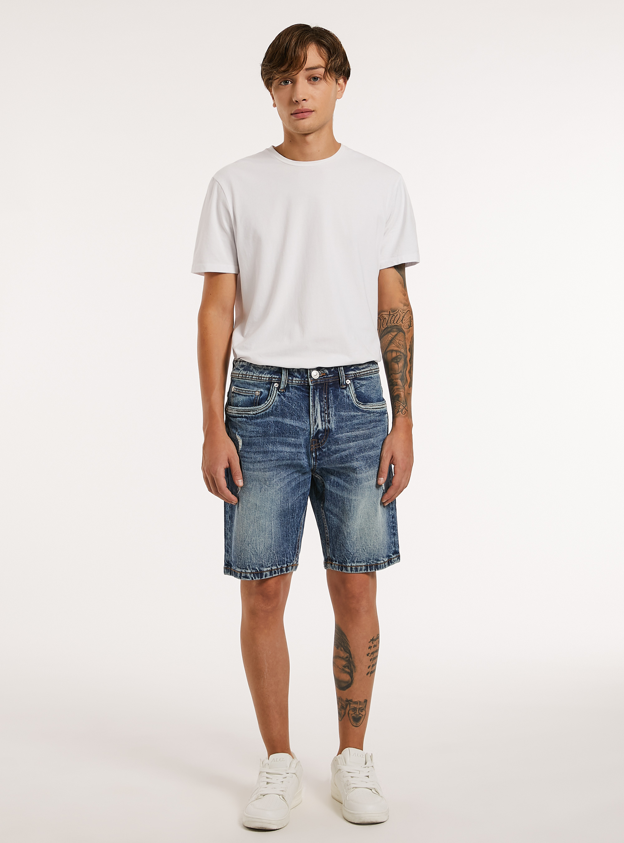 Stretch denim slim fit bermuda shorts with rips, D002 MEDIUM DARK BLUE