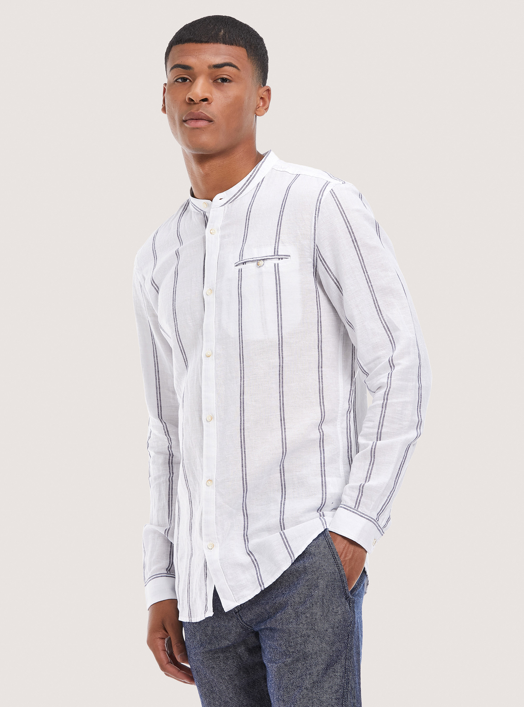 Linen blend striped shirt, BLUE NAVY