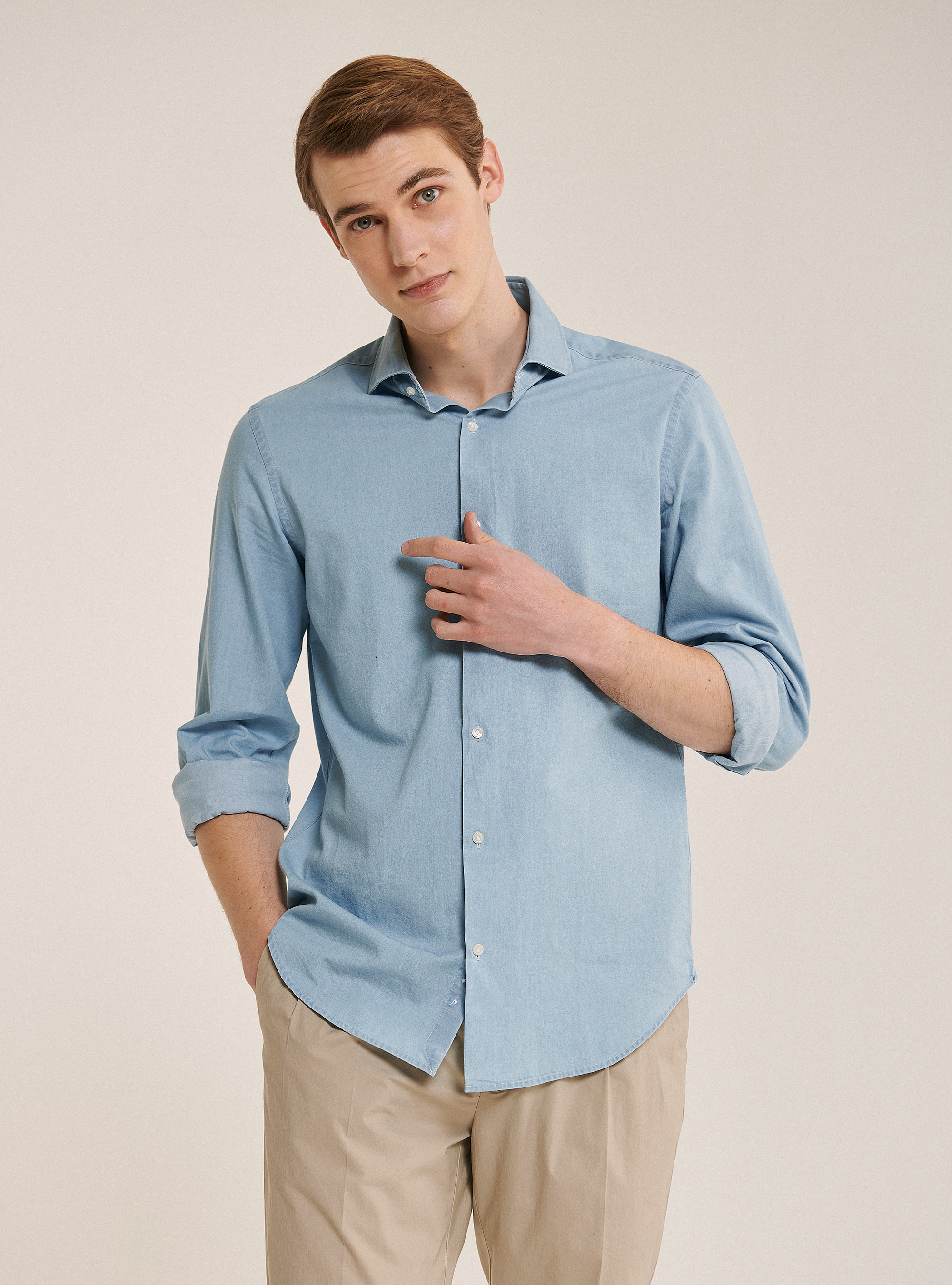 Camisa vaquera de algod&oacute;n, AZUL