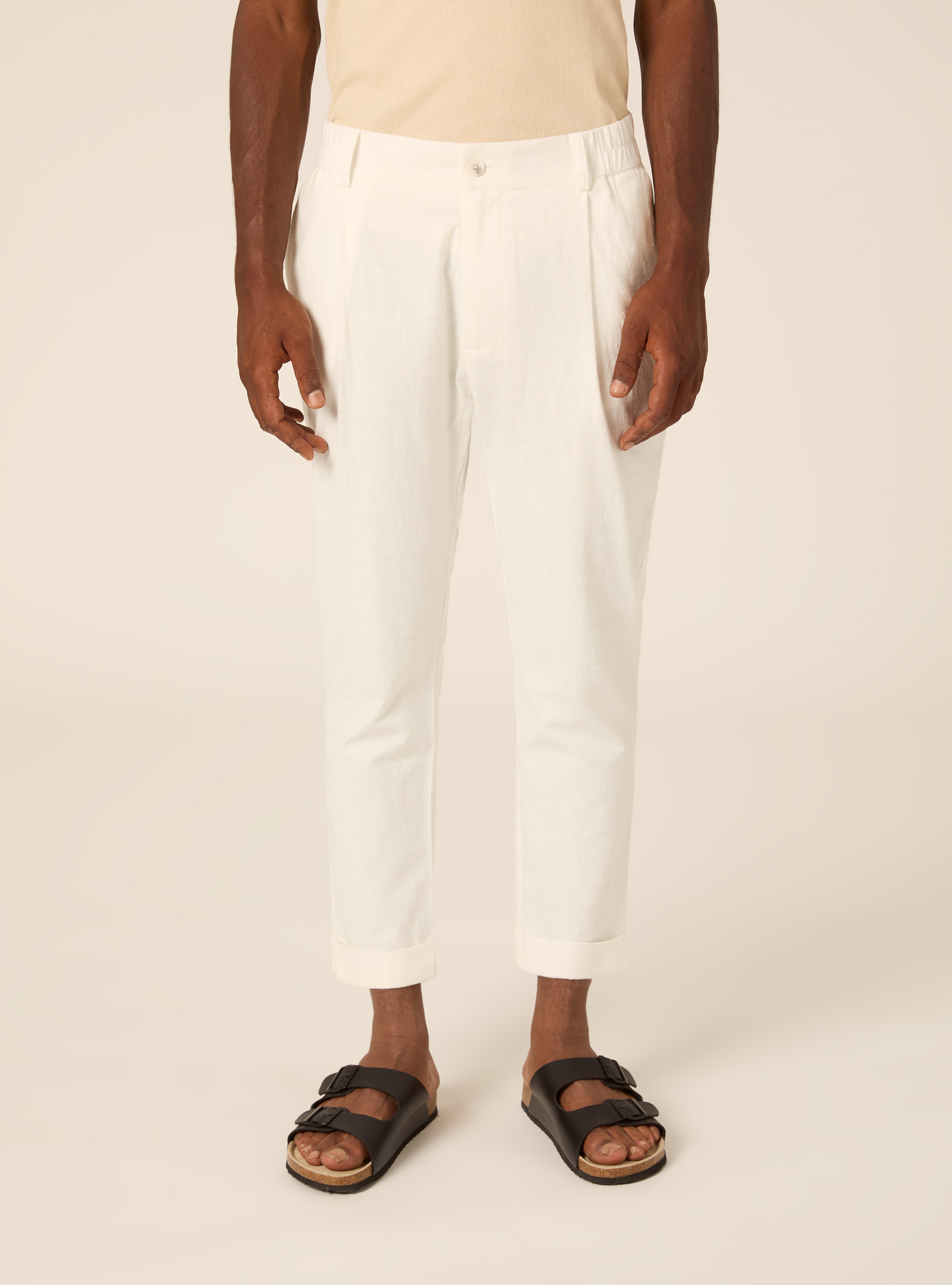 Pantalone con elastico in vita in misto lino, WH1 OFF WHITE