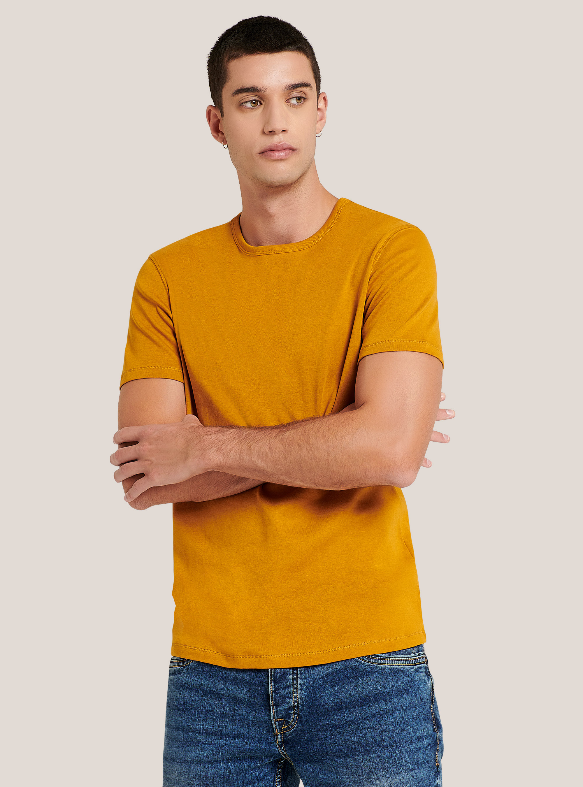 Einfarbiges T-Shirt aus Baumwolle, C7720 SENAPE