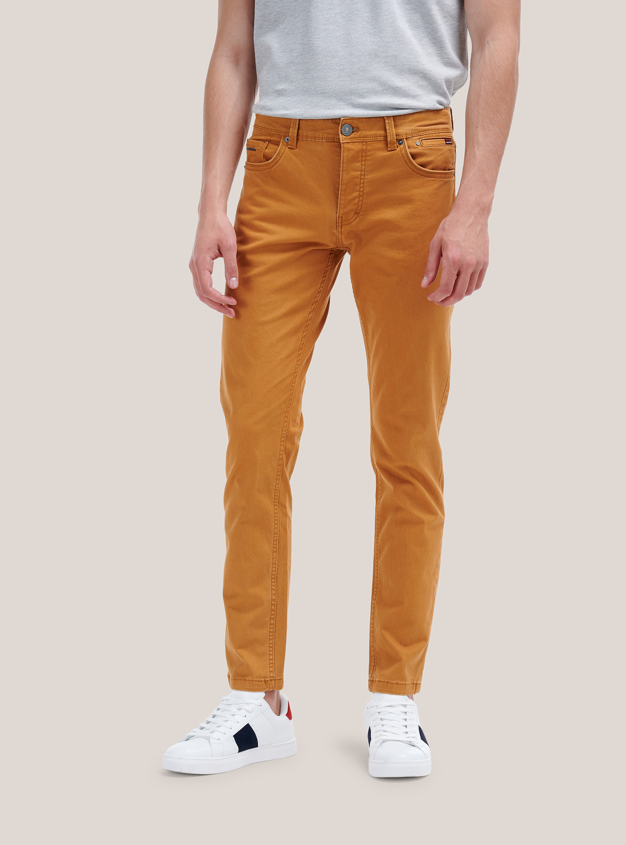 Recycled cotton skinny fit trousers, MUSTARD