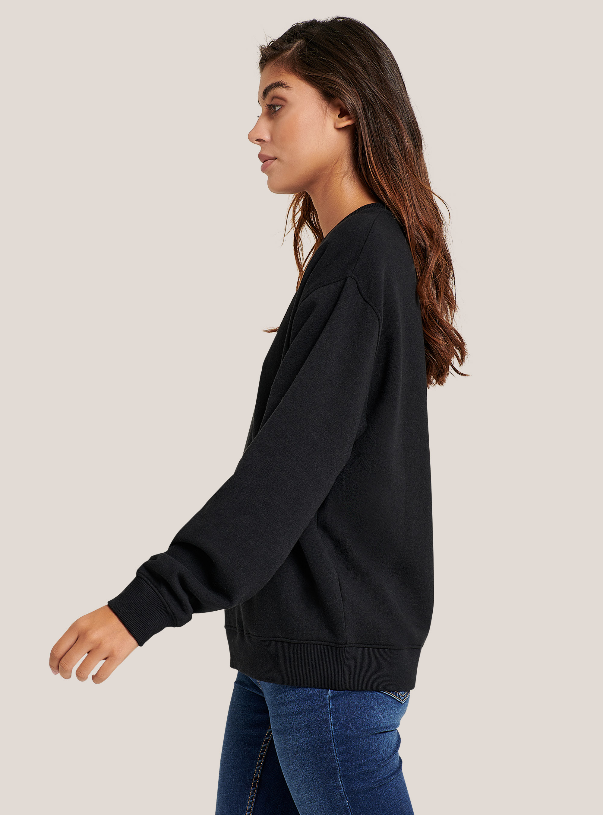 Basic round-neck cotton sweatshirt, BLACK