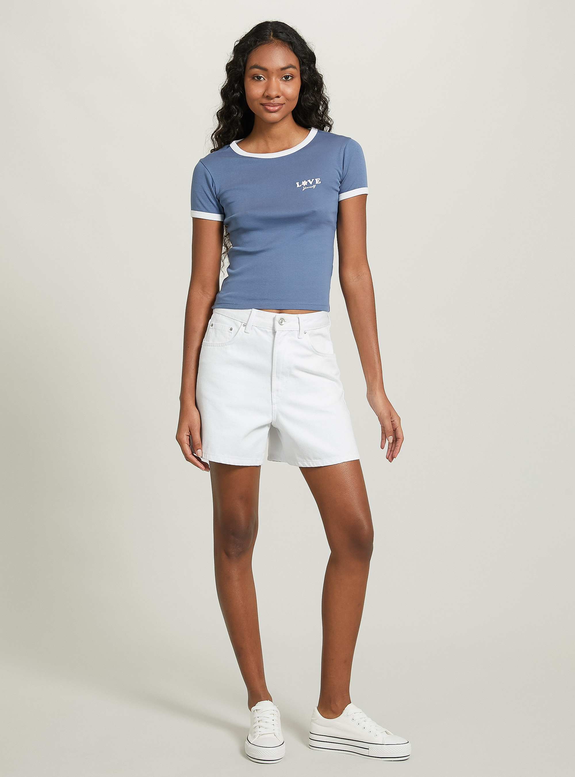 T-shirt with print and contrasting piping, C1238 AZZURRE