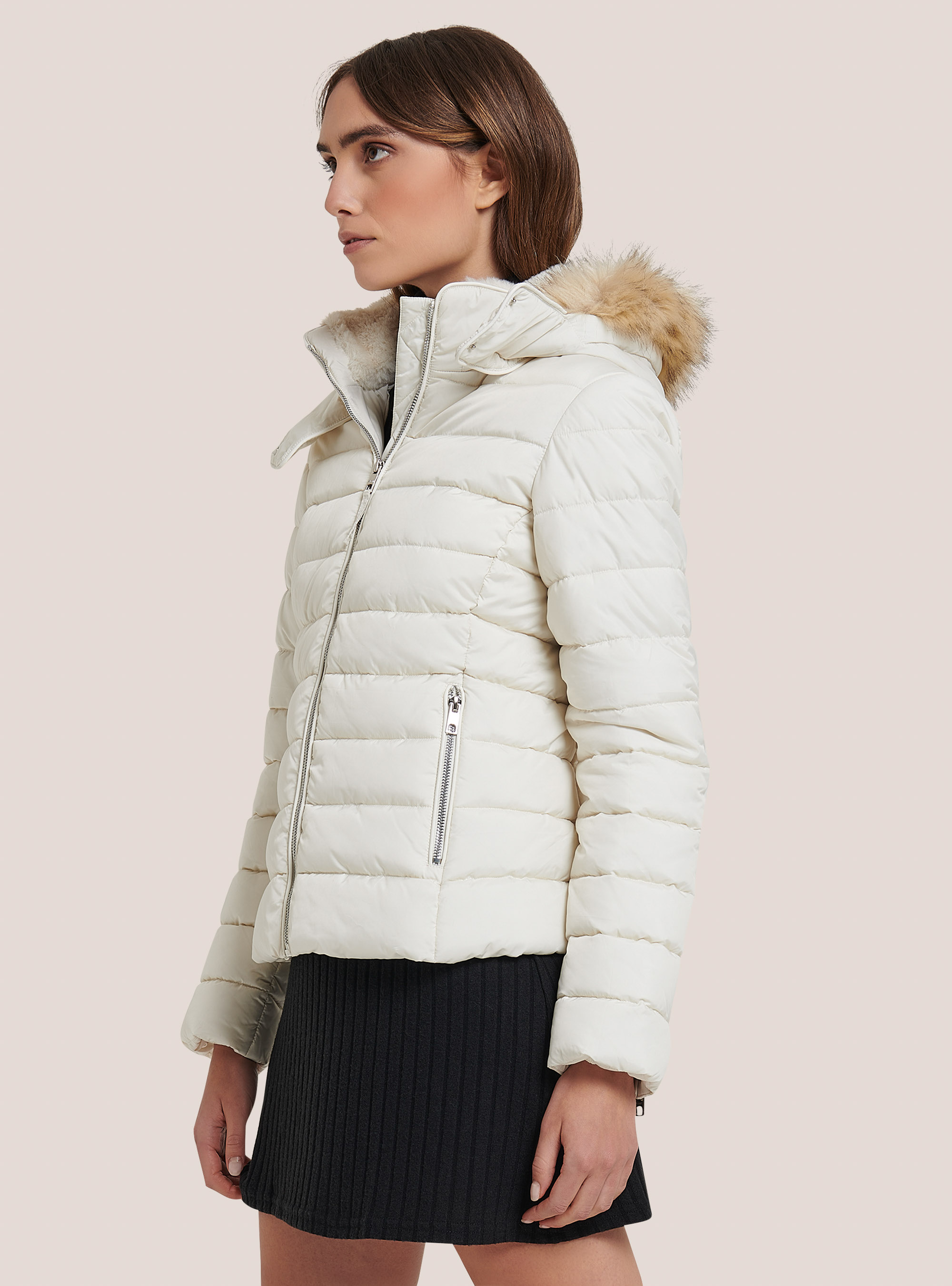 Padded jacket with hood and faux fur collar, OFF-WHITE