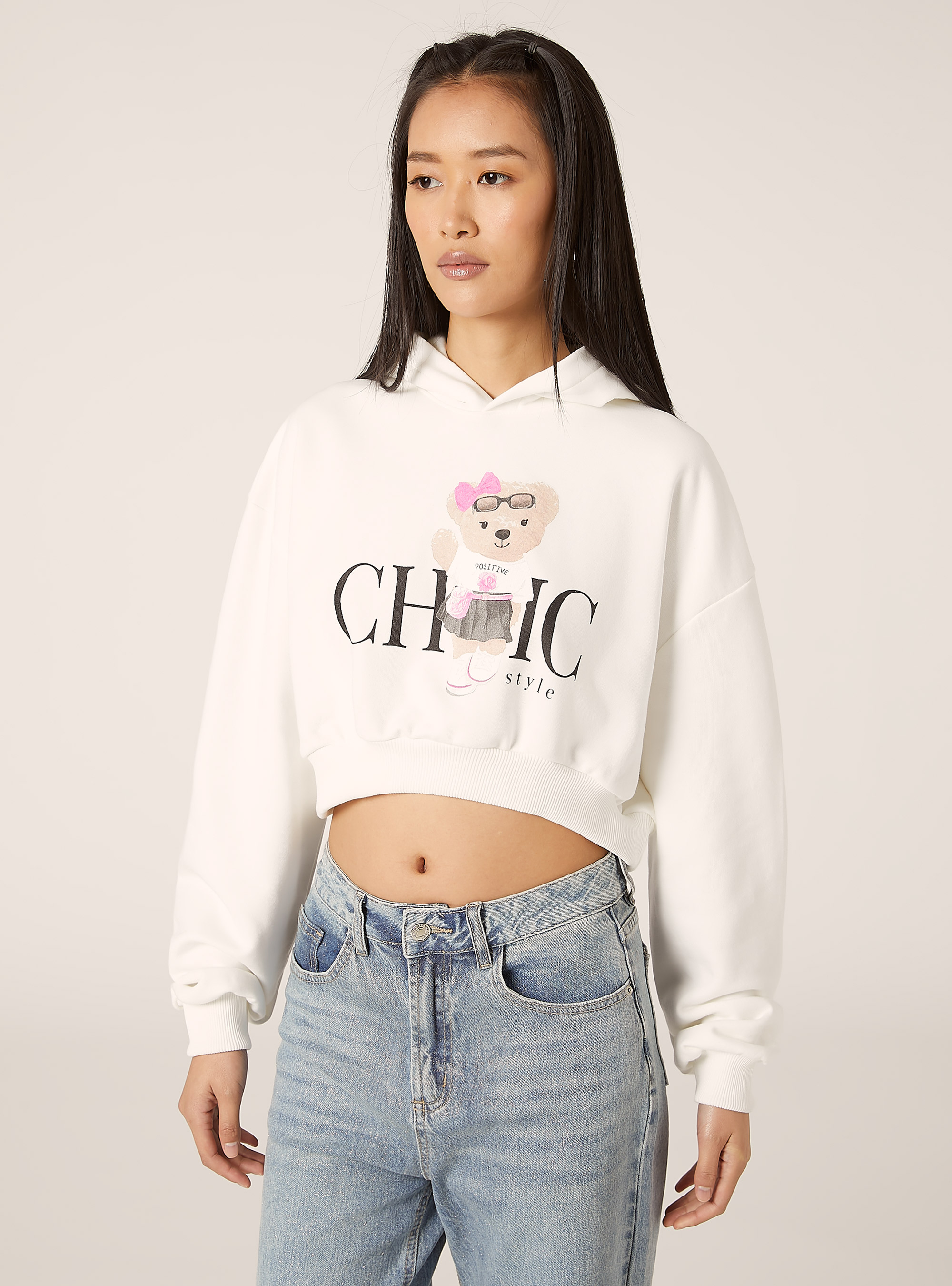 Sweatshirt court avec imprimé Teddy, WH2 WHITE