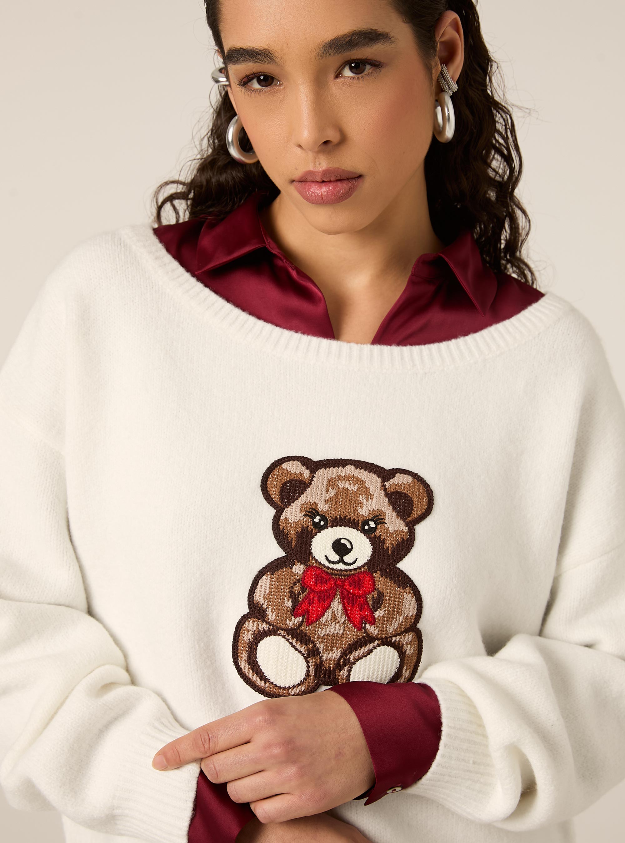 Maglia scollo asimmetrico con teddy, WH2 WHITE