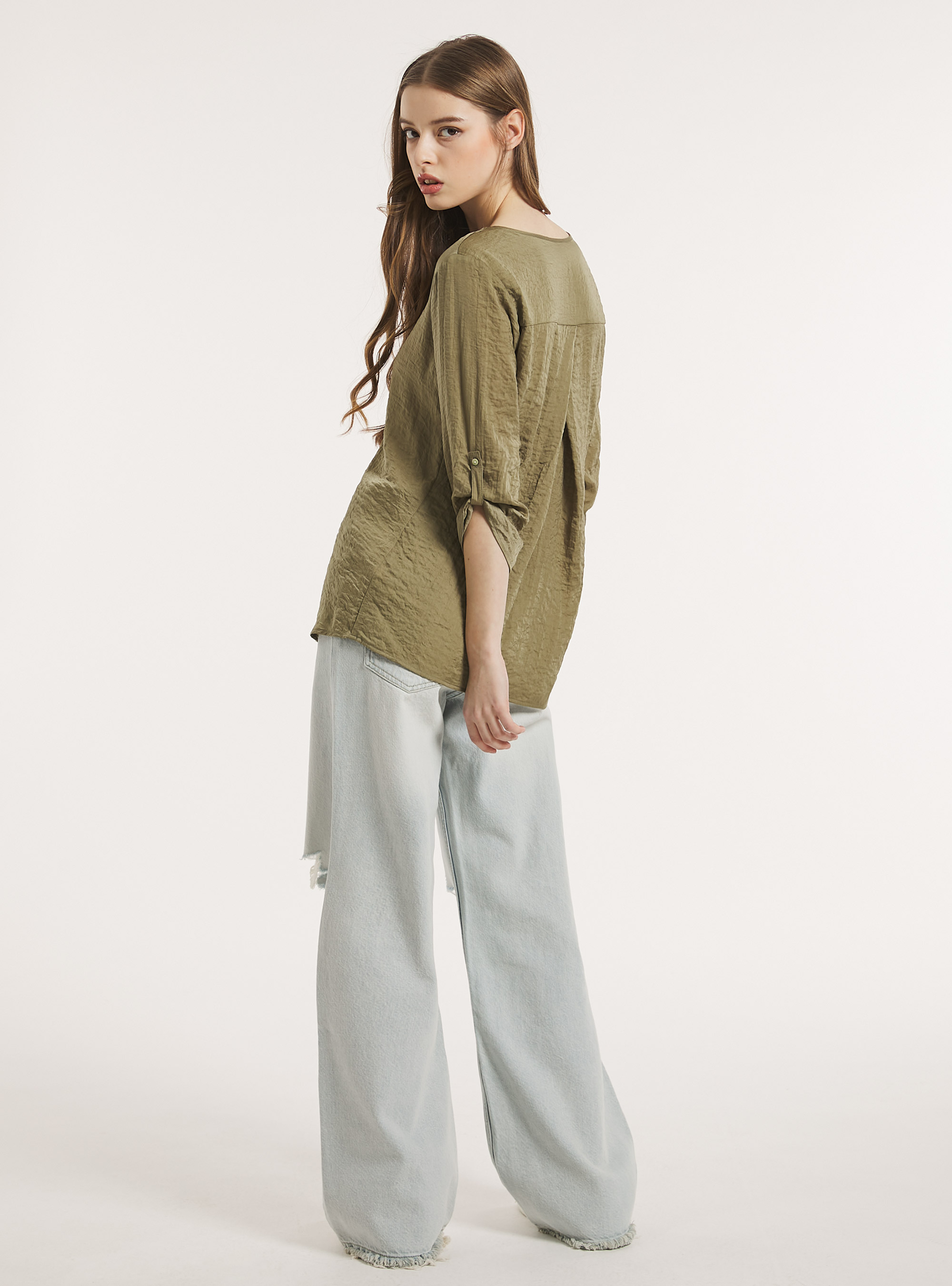 Blusa de color liso con escote, KY2 KAKY MEDIUM