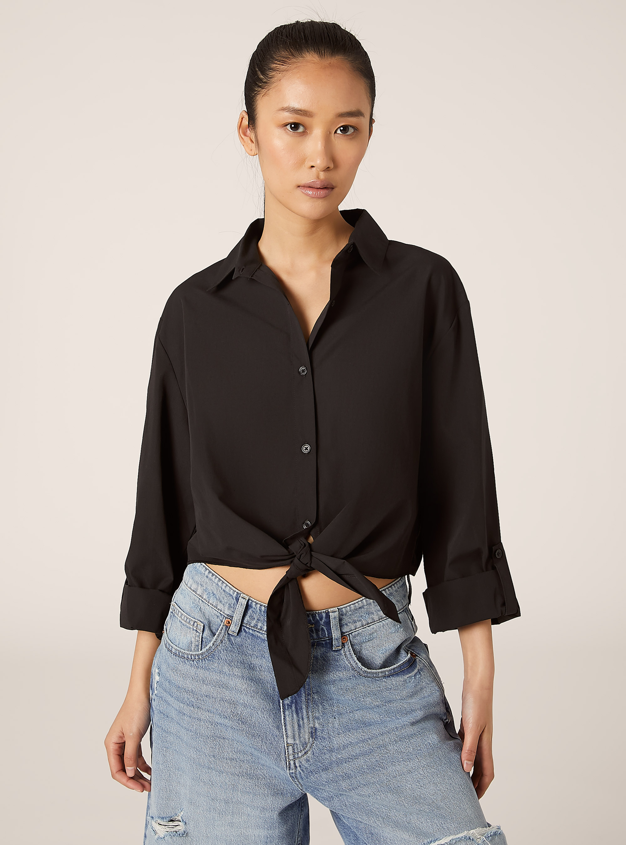 Poplin shirt with knot, BK1 BLACK