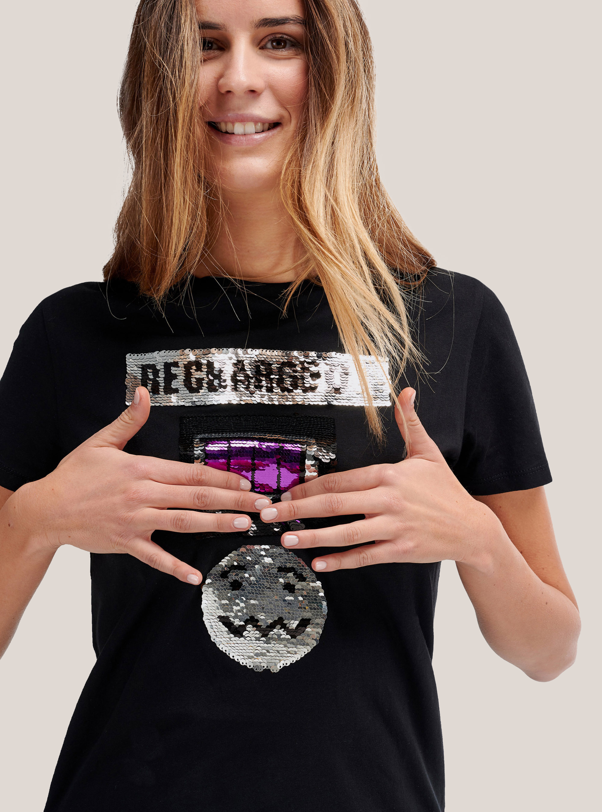 Cotton T-shirt with sequined smiley face, BLACK