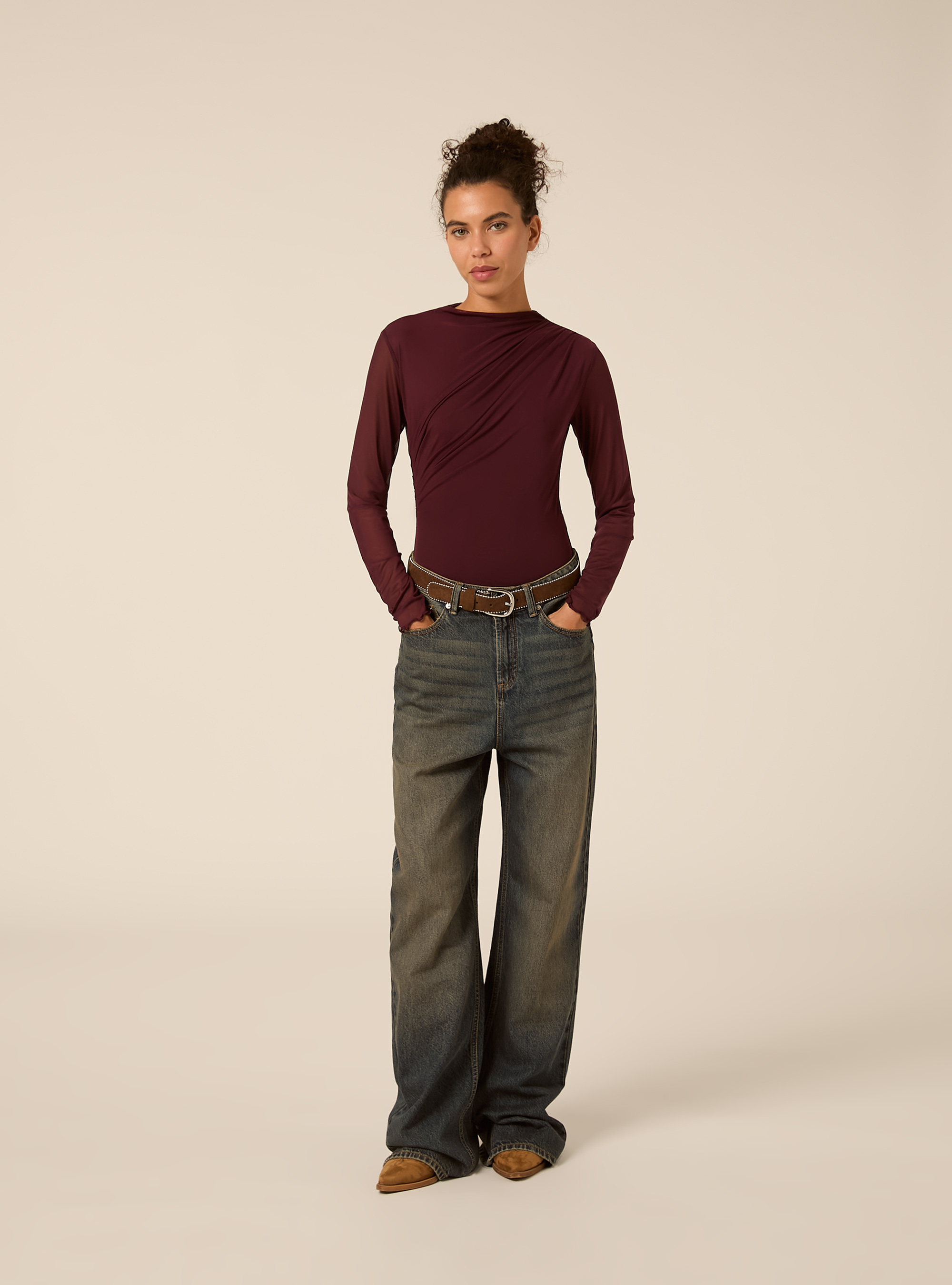 Body in tulle con arriccio, BO1 BORDEAUX DARK