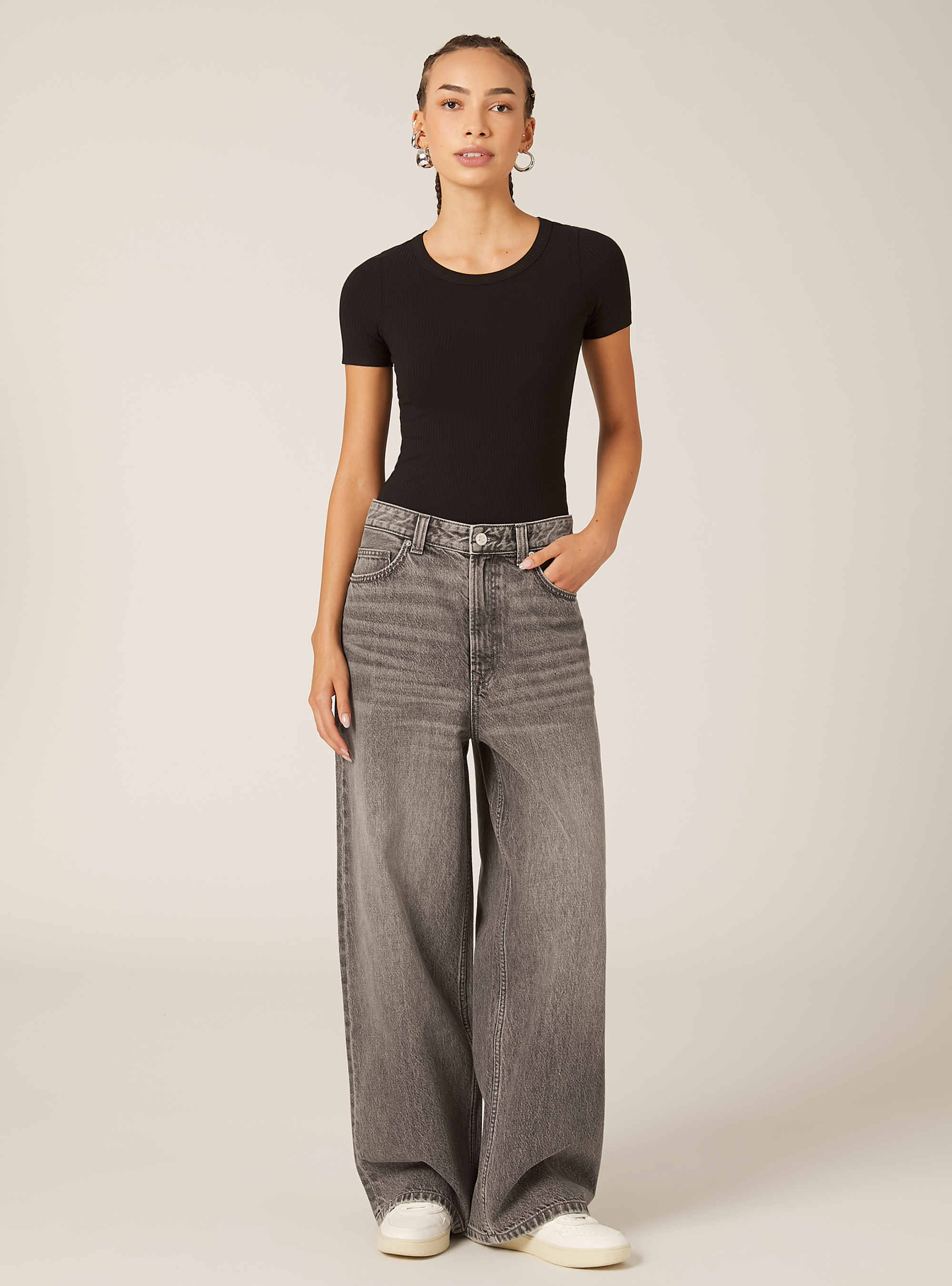 Body à manches courtes cotelées, BK1 BLACK