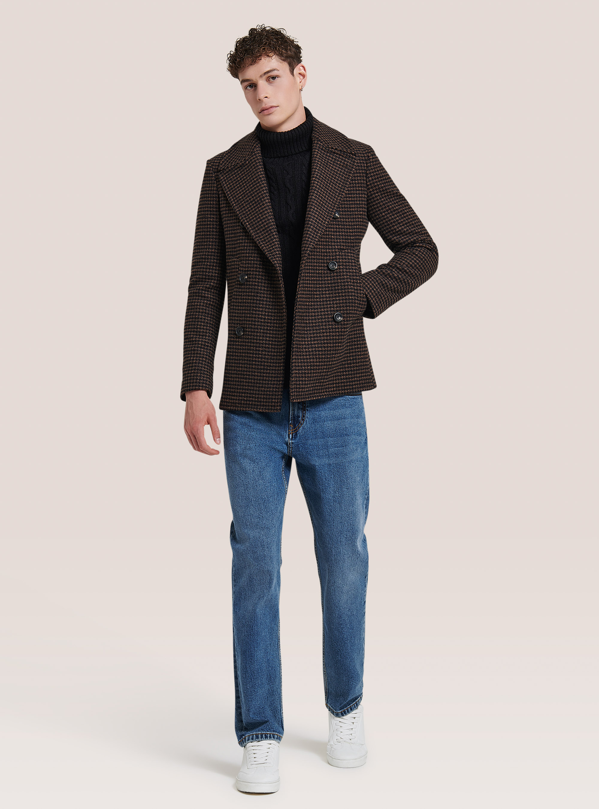 Houndstooth wool blend coat, BROWN