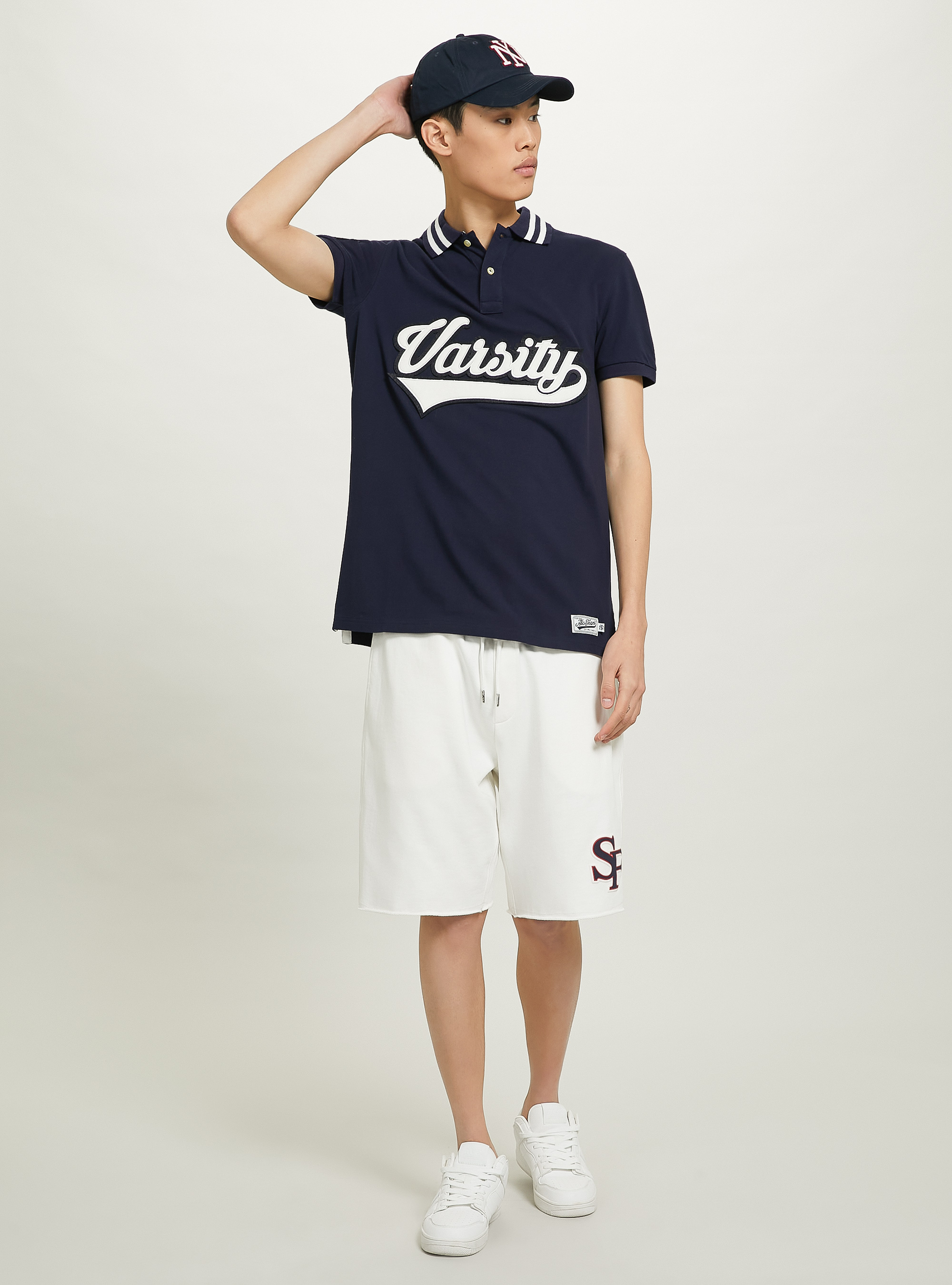 Cotton polo shirt with Varsity patch, C2306 BLU