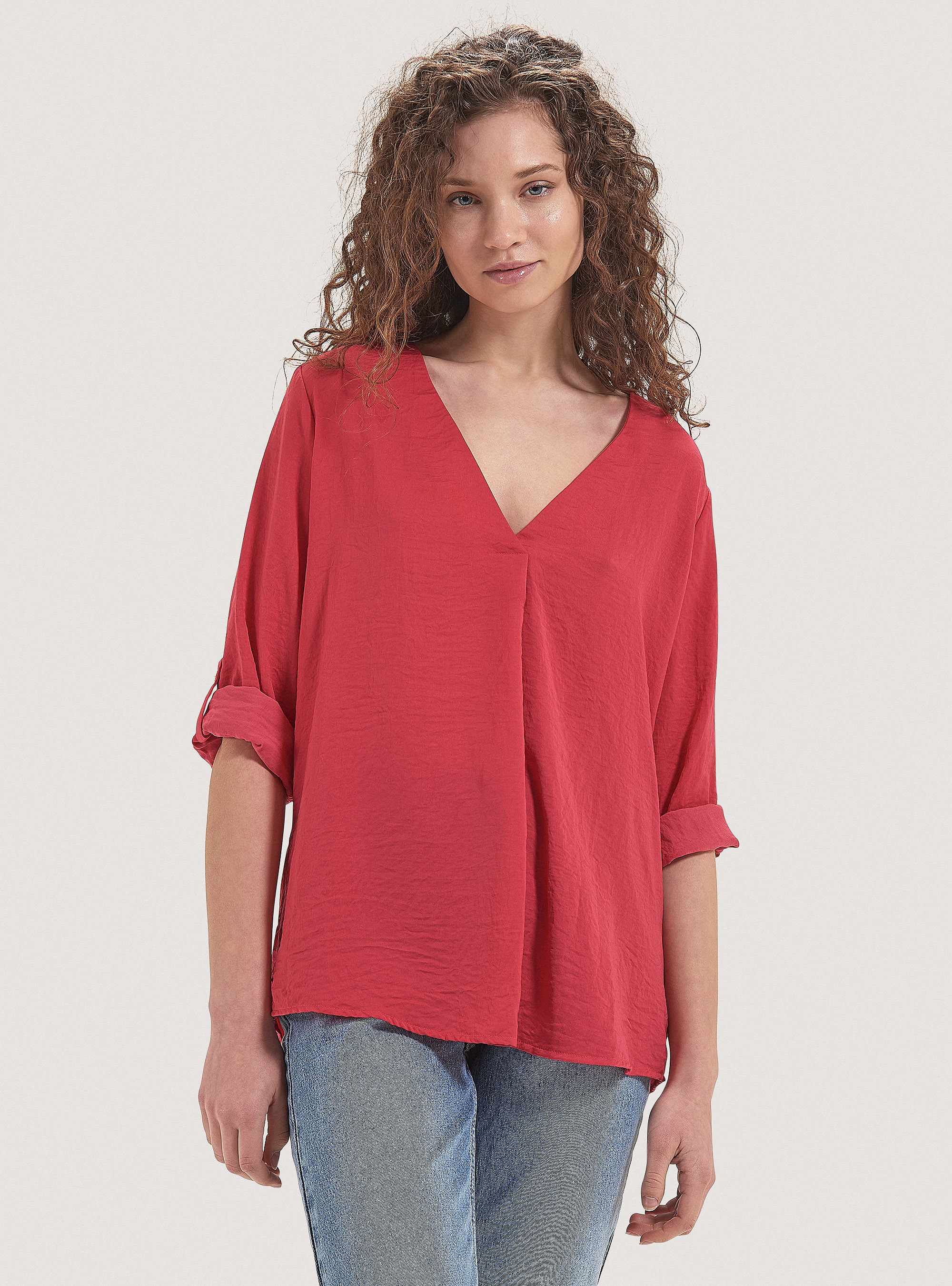 Blusa de color s&oacute;lido con escote, FUCSIA