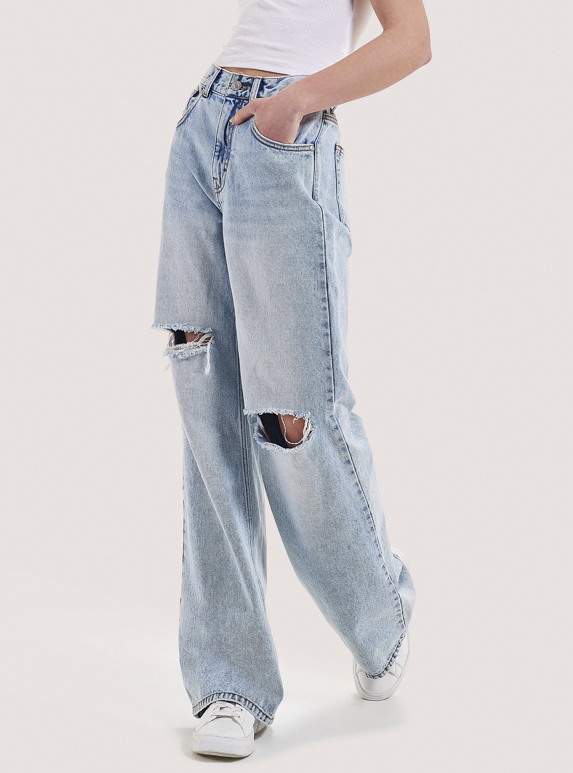 Jeans en coton à jambe large, D007 LIGHT AZURE