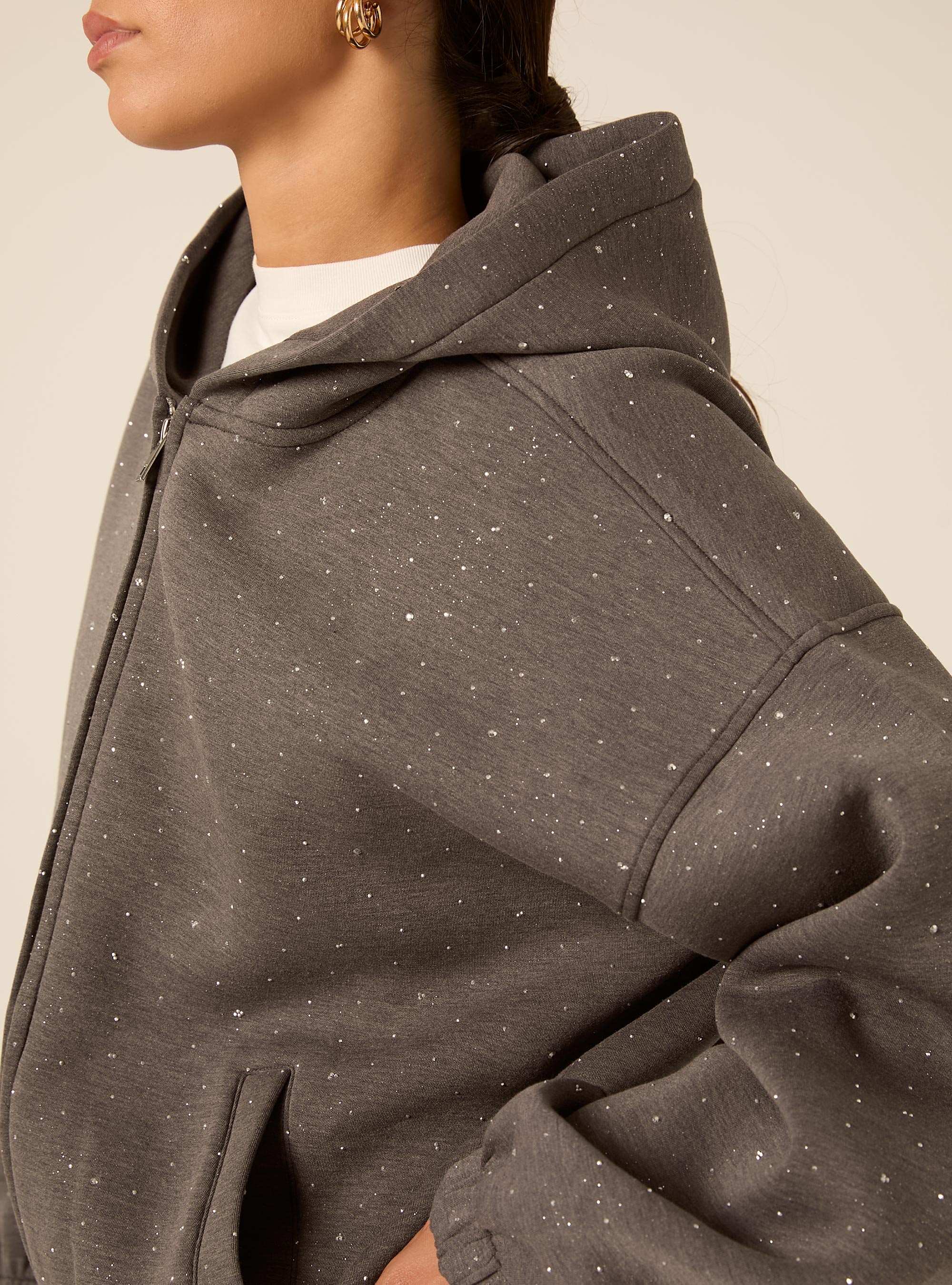 Cardigan felpa in scuba boxy fit con strass, GRIGIO MEDIO MELANGE