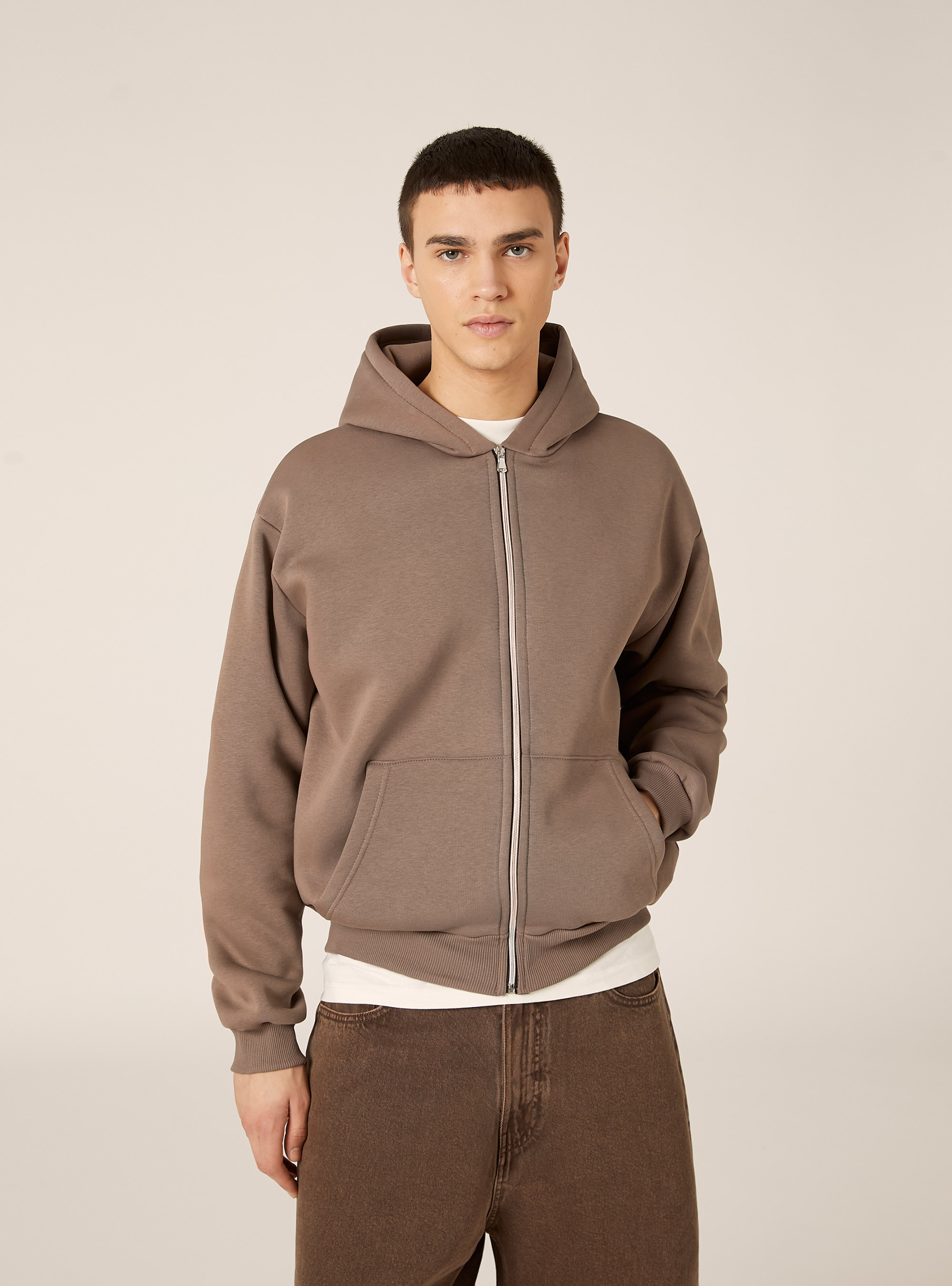 Boxy fit zip-up hoodie, BR2 BROWN MEDIUM