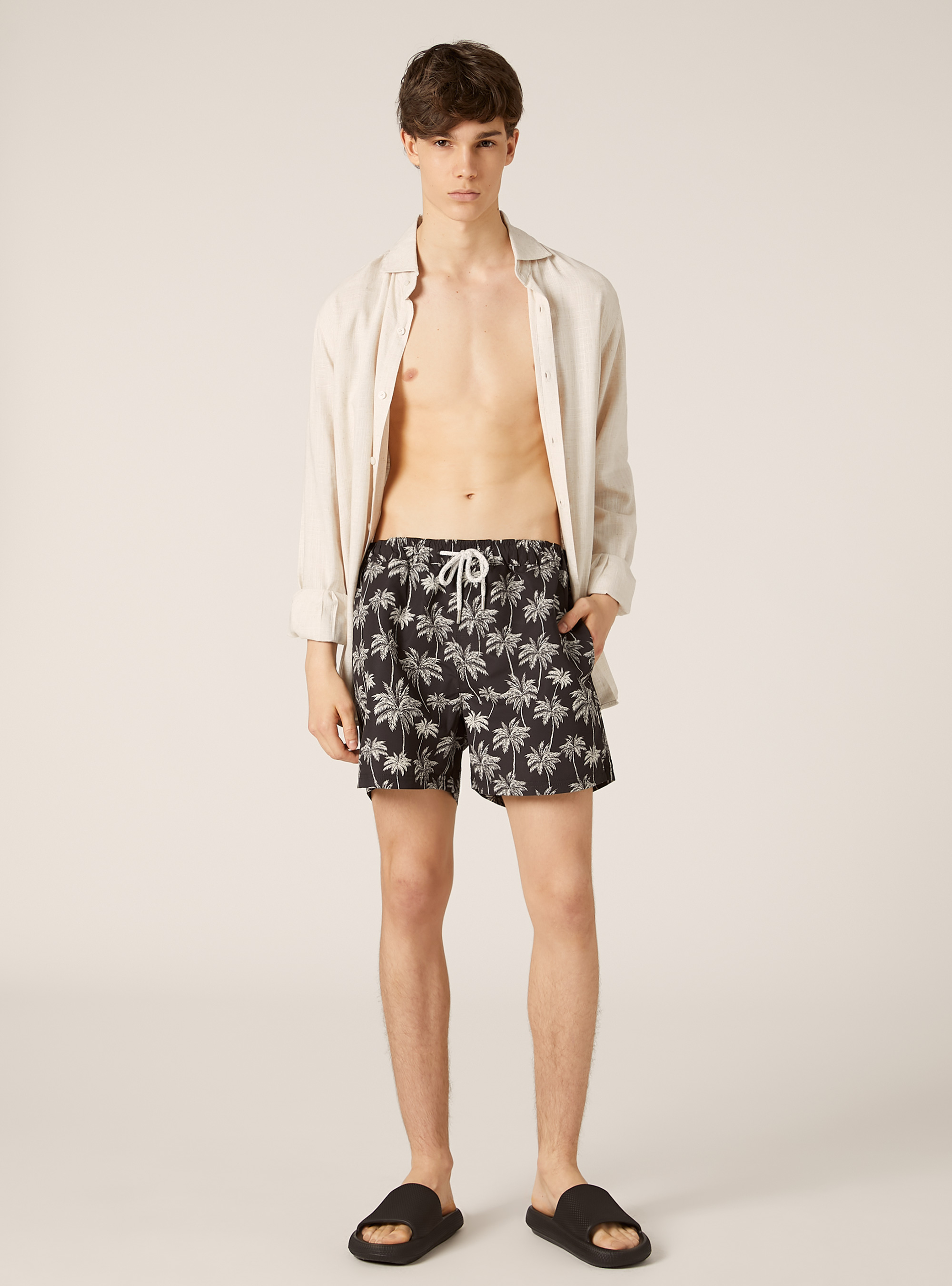 Swimming costume with palm print, BK1 BLACK