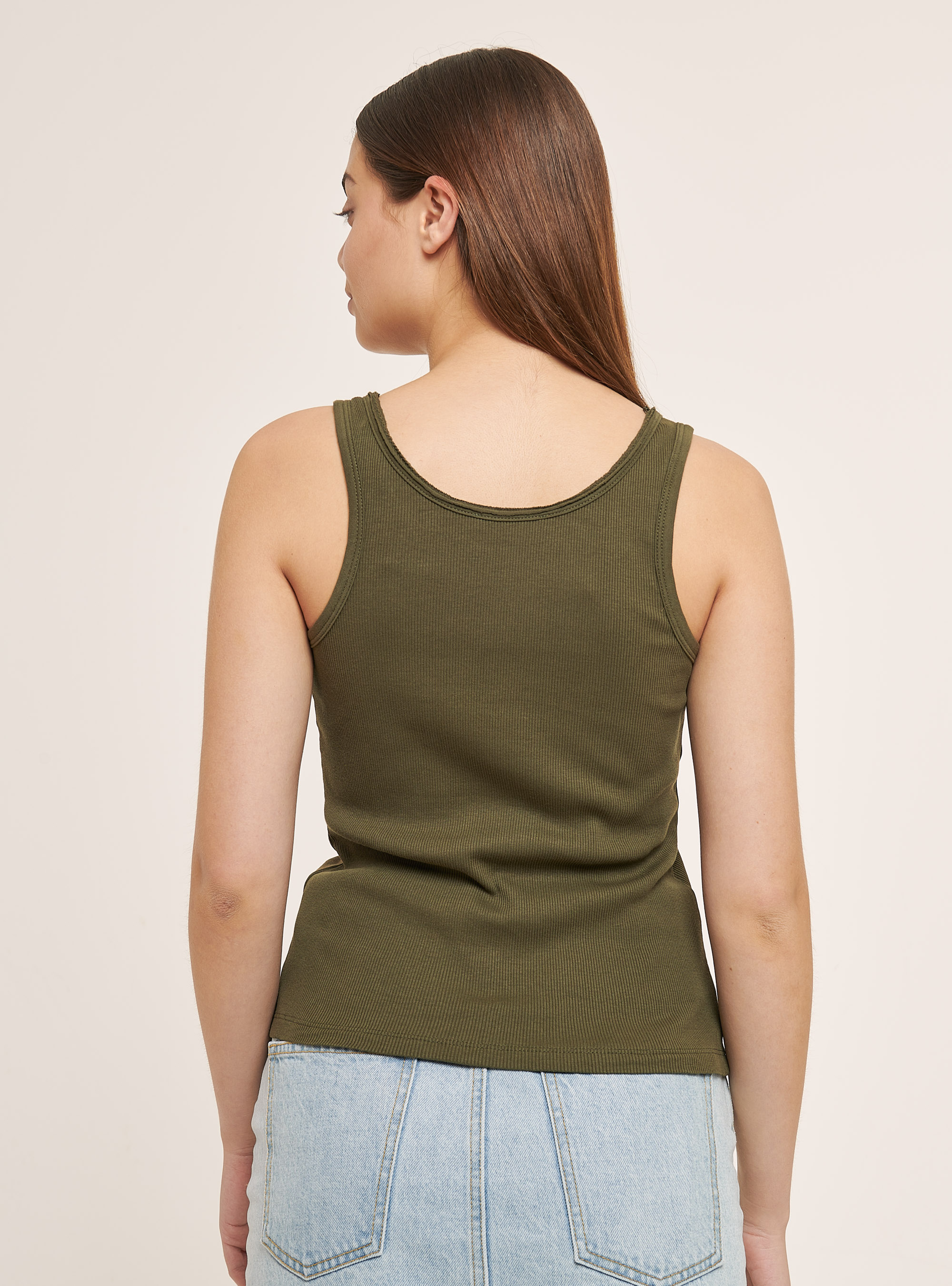Ribbed cotton tank top with V-neckline, KAKI