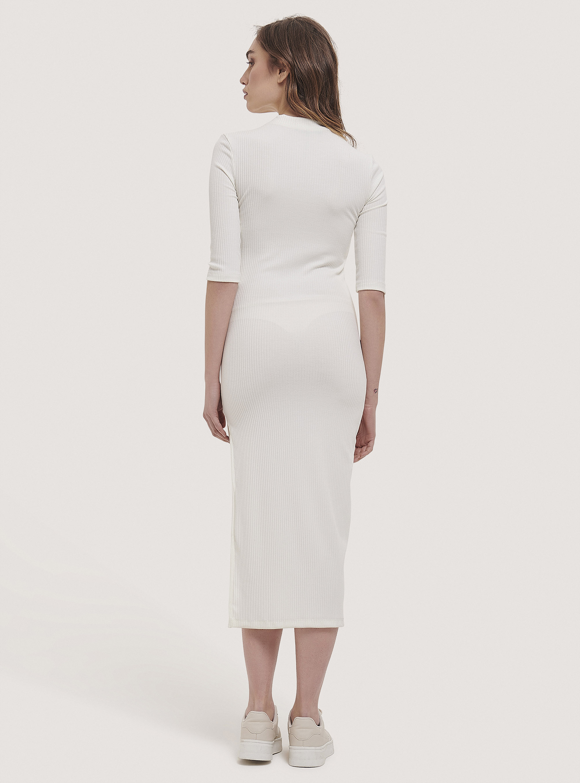 Ribbed midi dress with side slit, C0020 OFF WHITE