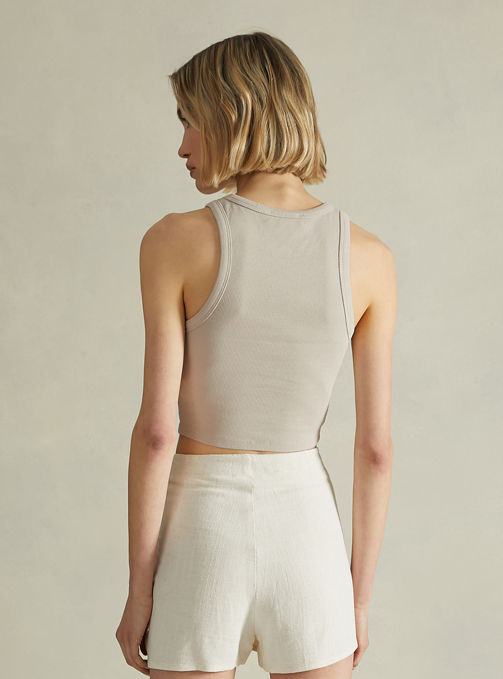 Cropped tank top in rib, BG3 BEIGE LIGHT