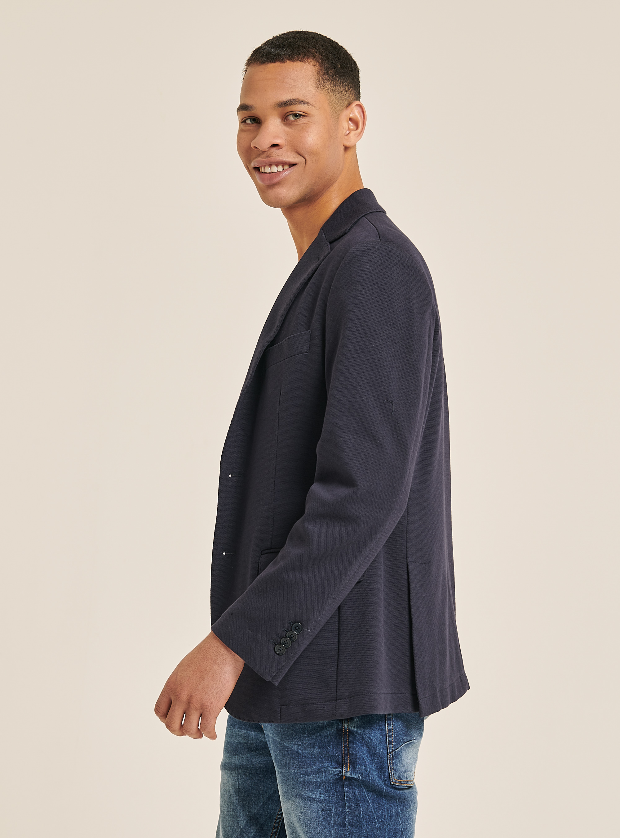 Blazer in cotone piquet, BLU MARINO