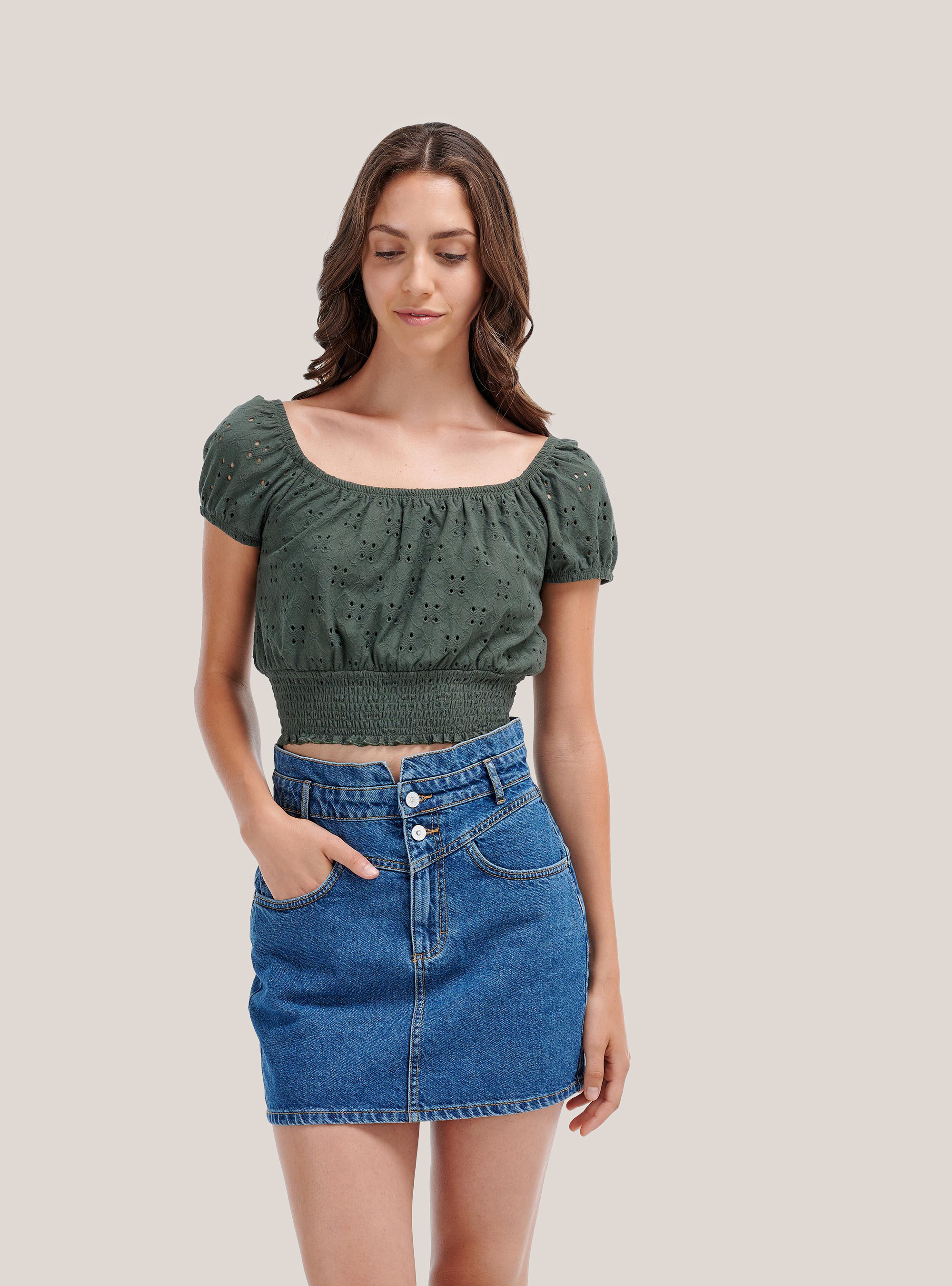 Top in pizzo sangallo con fascia elasticizzata, C5587 KAKY