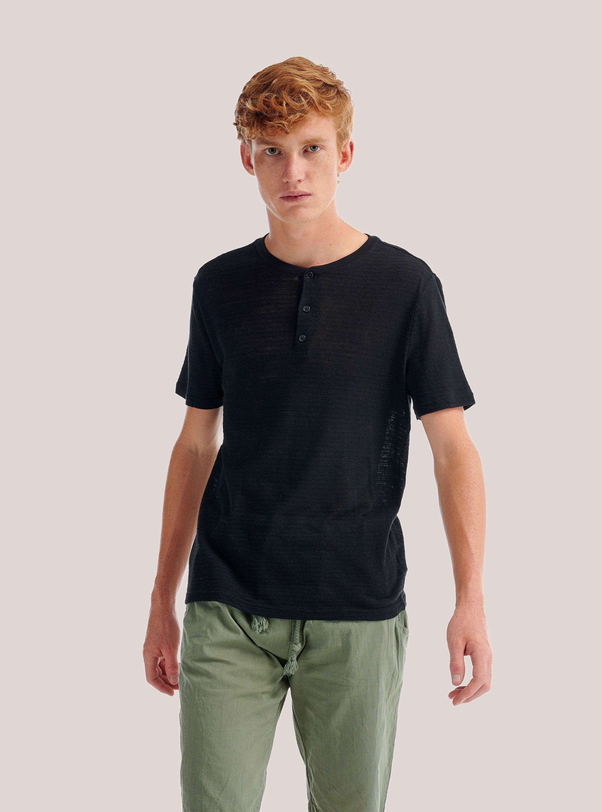 Maglietta serafino in misto lino, NERO