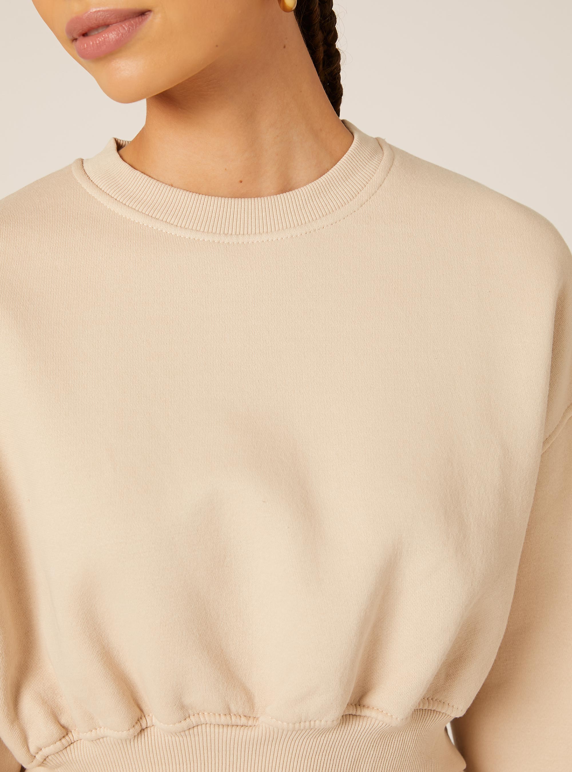 Felpa girocollo in cotone crop, BG2 BEIGE MEDIUM