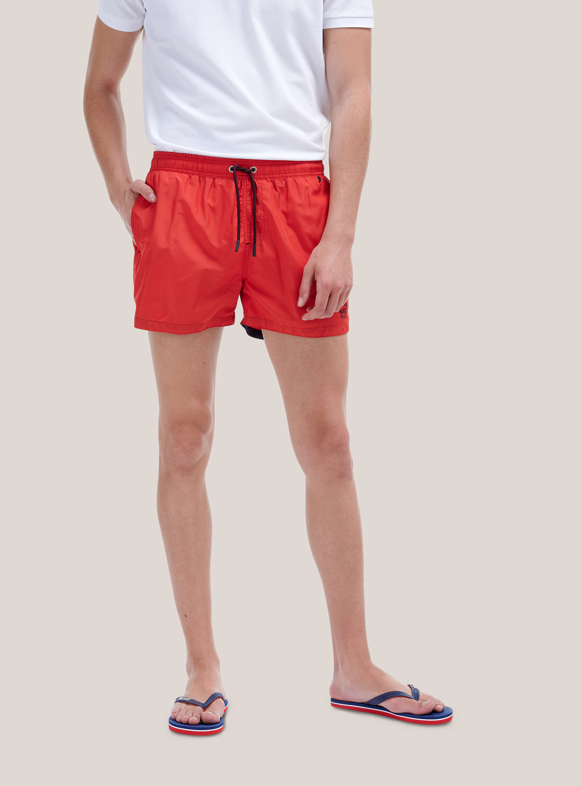 Color solid swimsuit with front embroidery and back pocket., RED