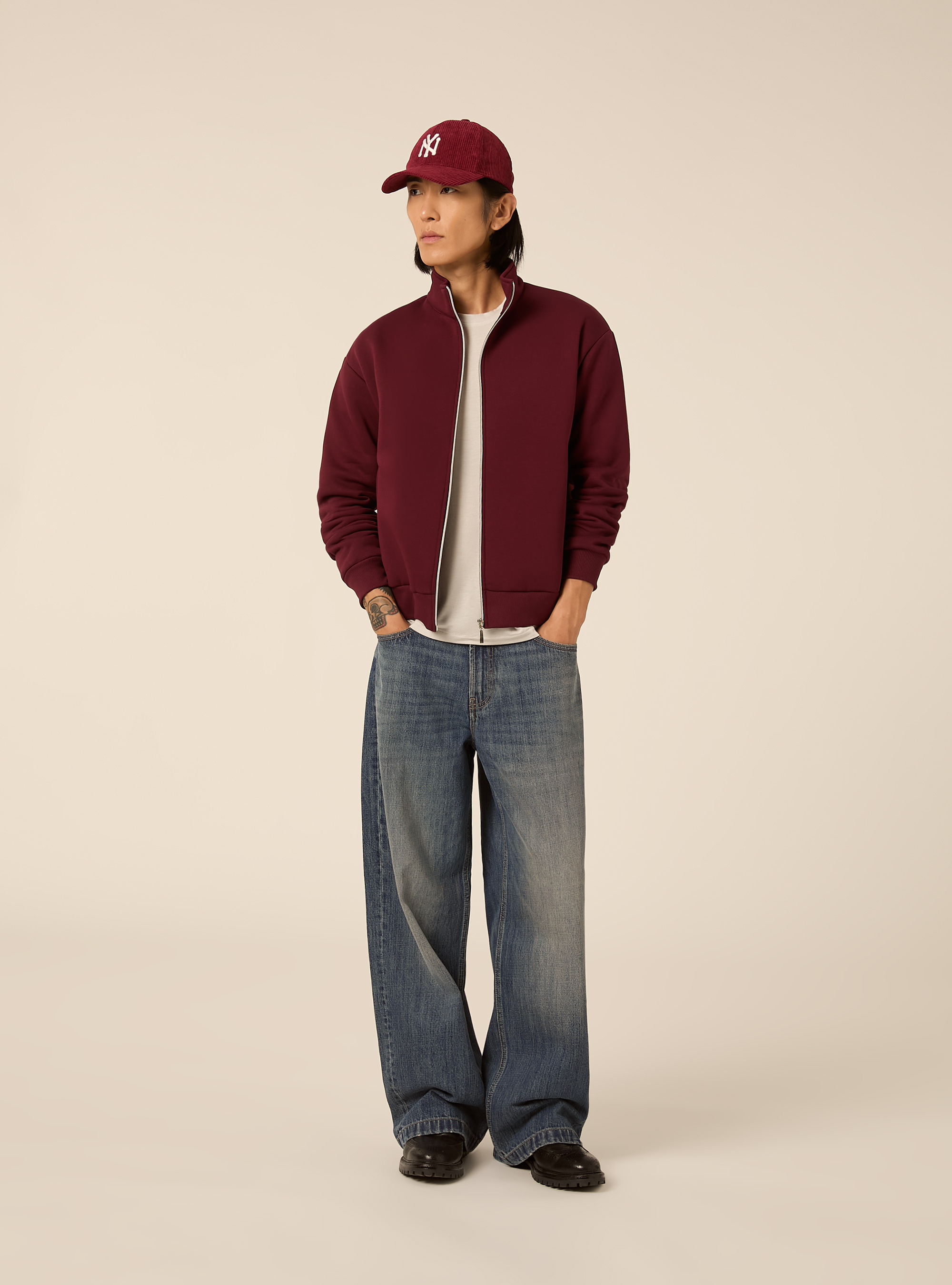 Zip front sweatshirt with mock neck, BO1 BORDEAUX DARK