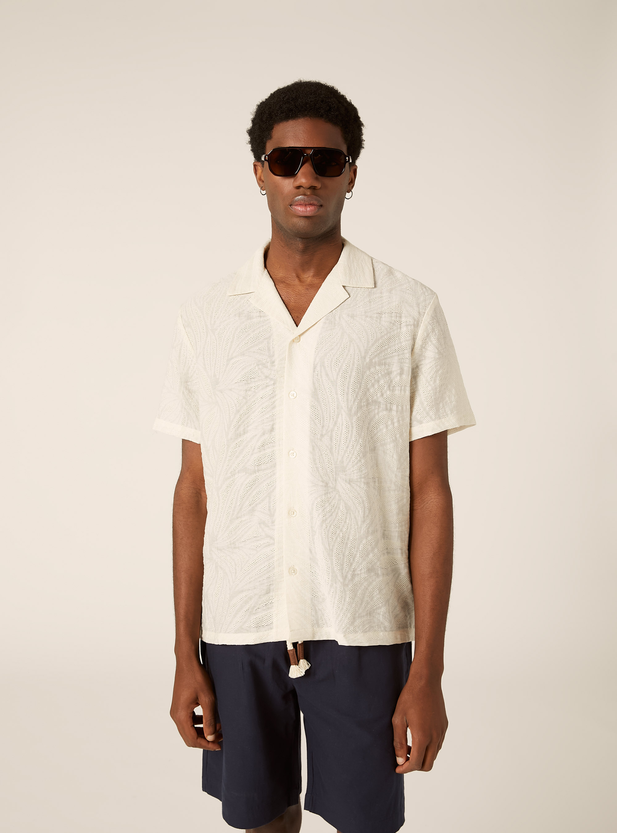 Textured Leaf Print Bowling Shirt, WH1 OFF WHITE