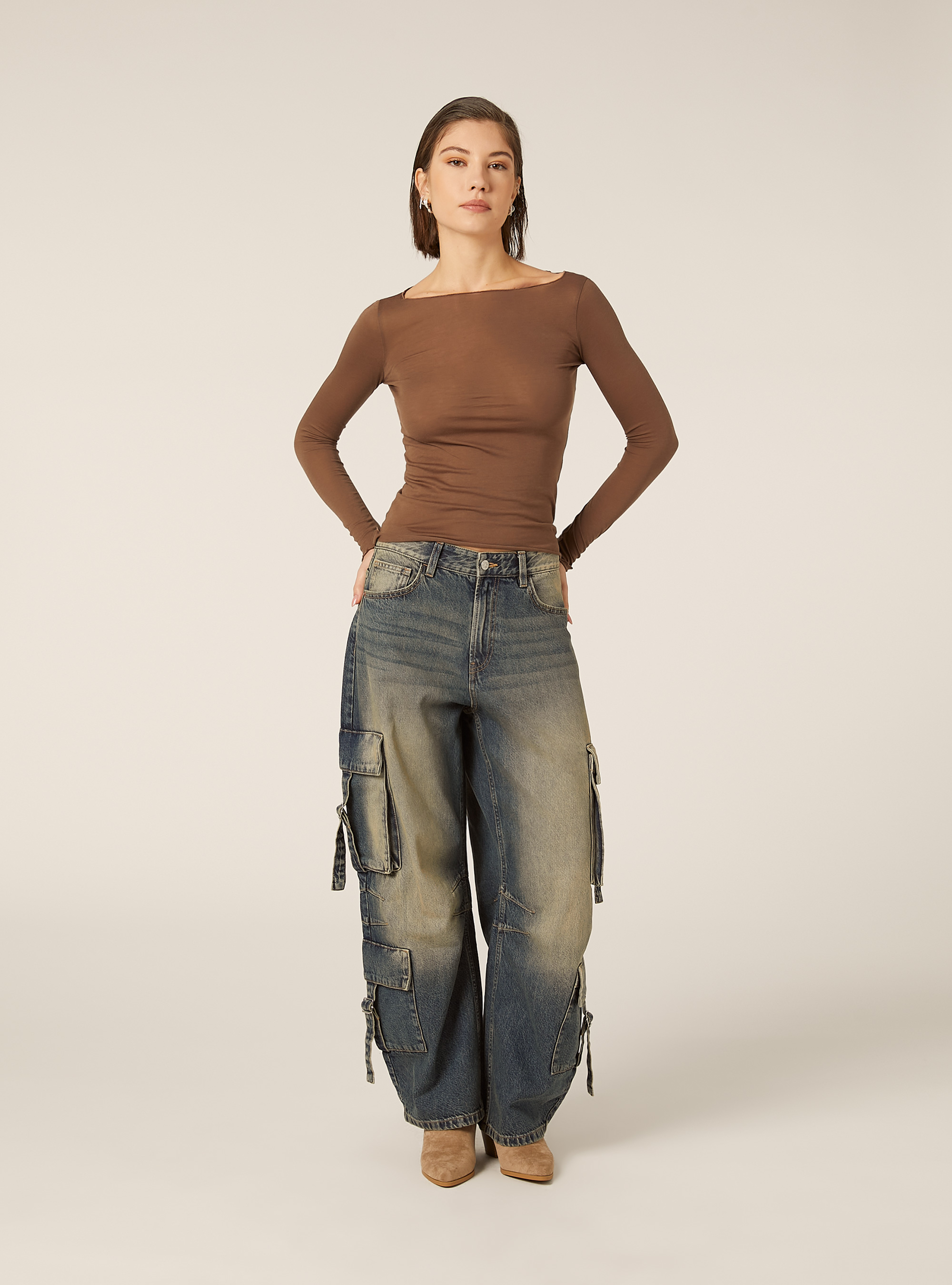 Camiseta de manga larga en mezcla de lana, BR2 BROWN MEDIUM