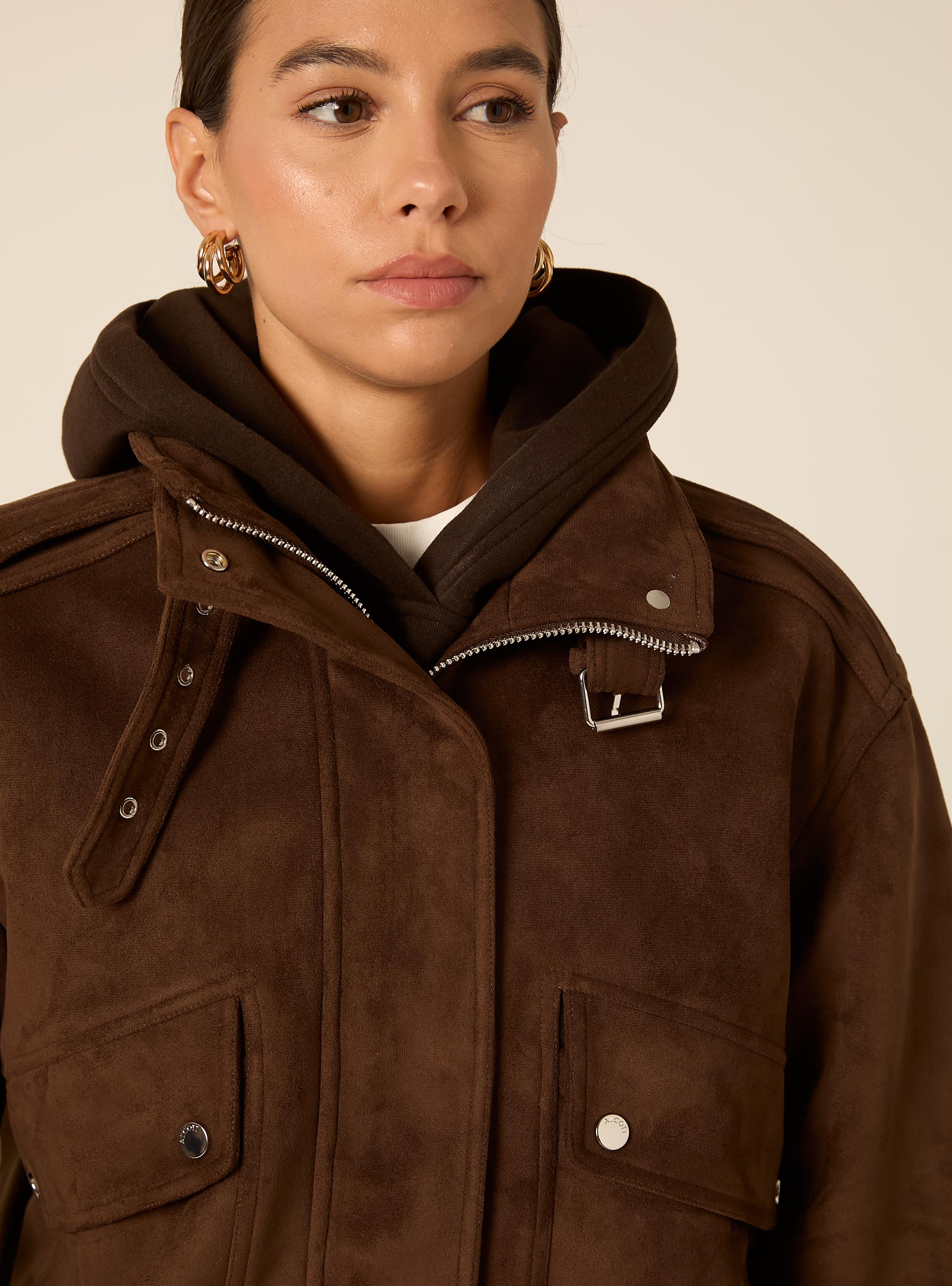 Faux suede jacket with buckle collar, BR2 BROWN MEDIUM
