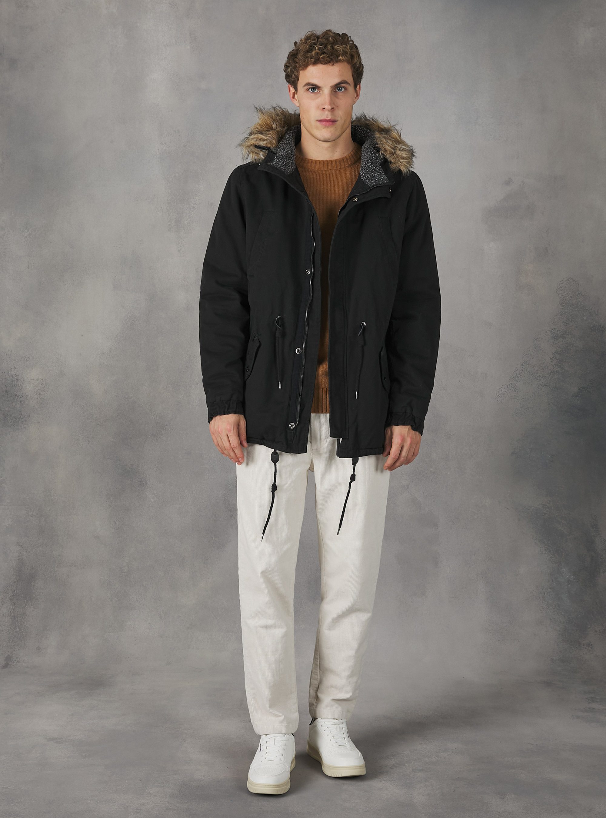 PARKA JACKET WITH FAKE LAMBSKIN, BLACK