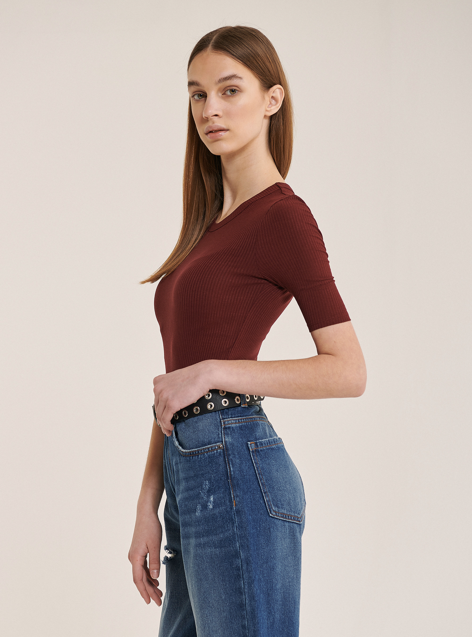 Ribbed half sleeve body in cotton, BORDEAUX