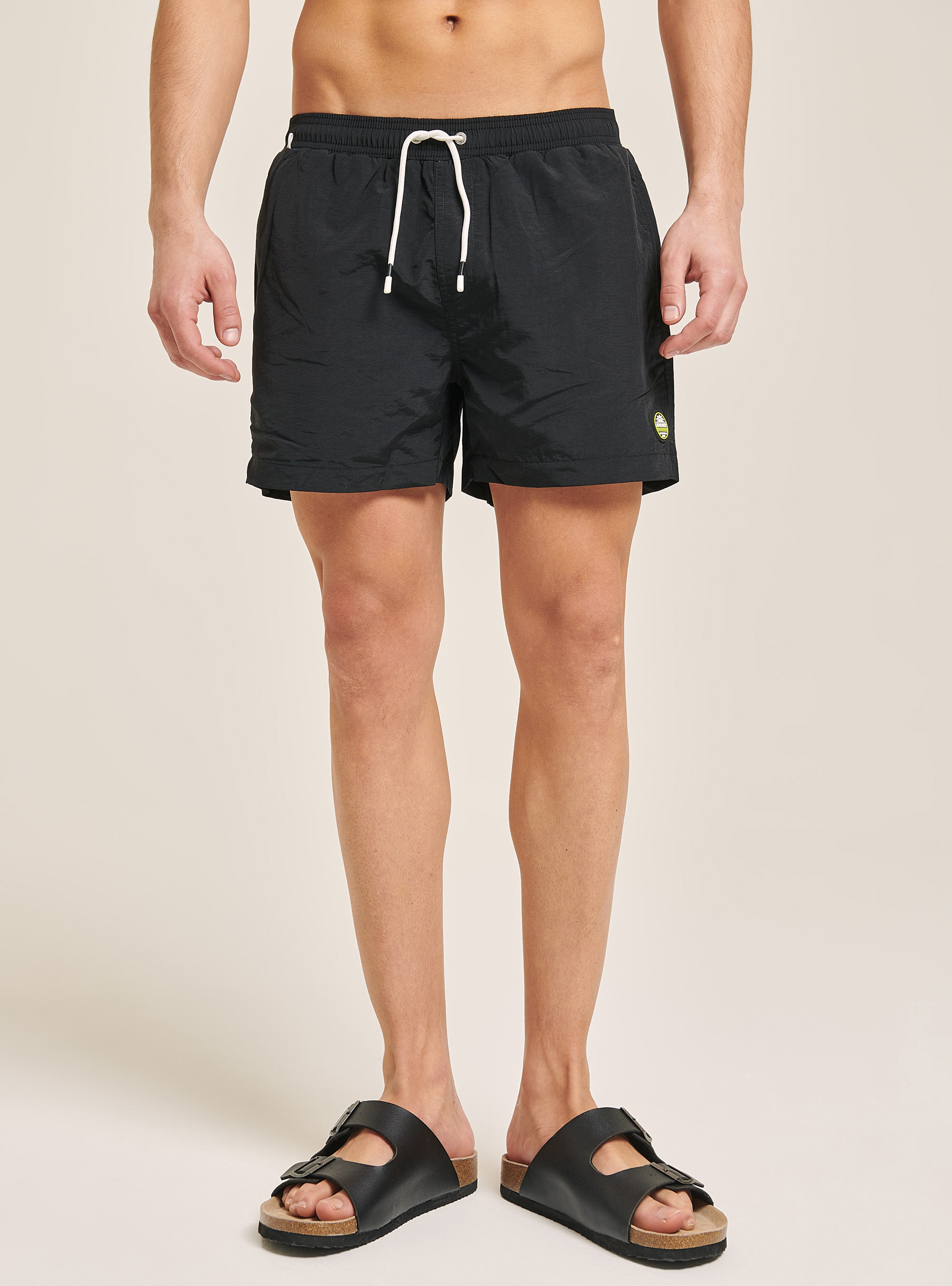 Plain-coloured swimming costume with embroidery and back pocket, BLACK