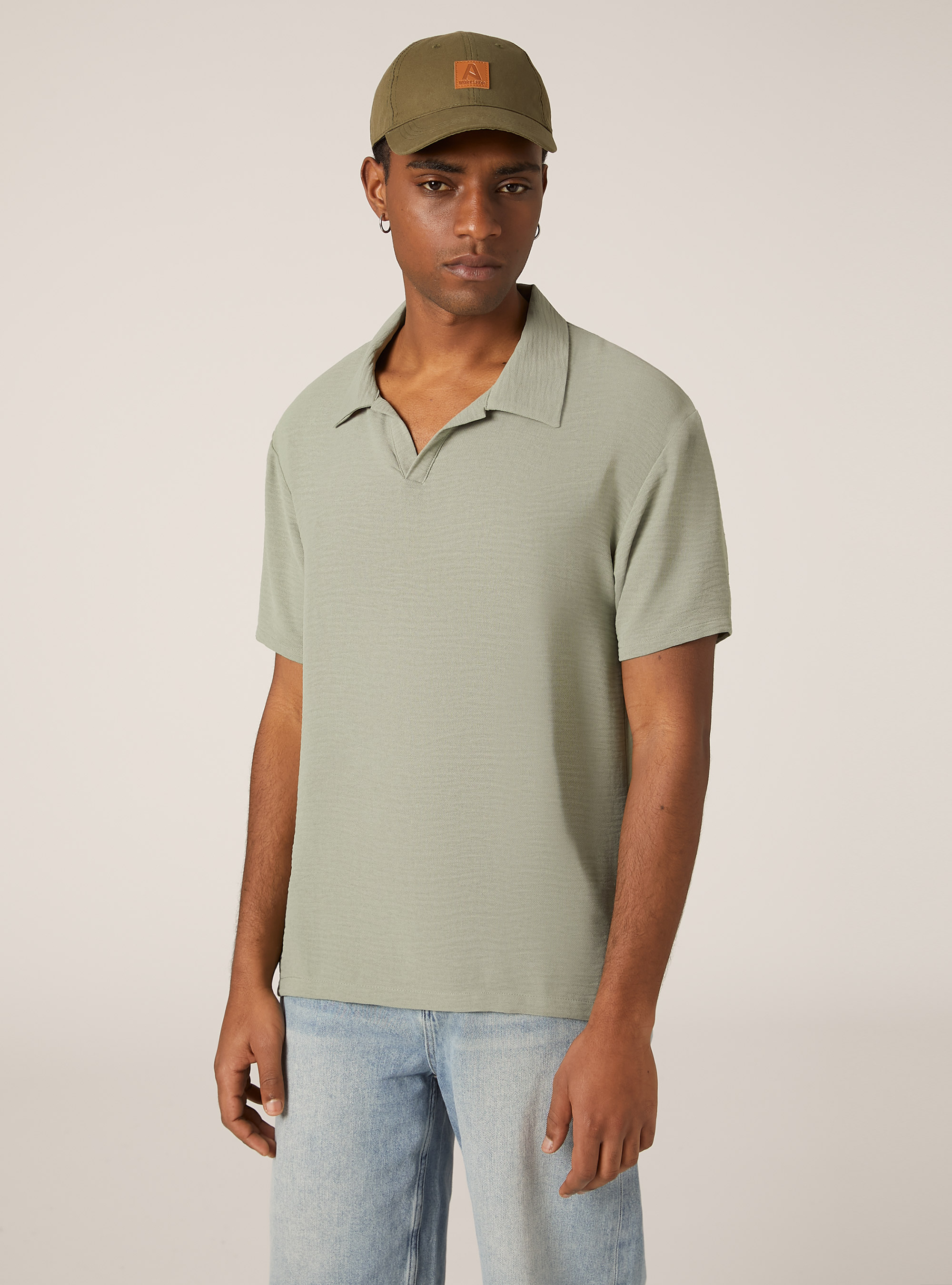 Crepe polo shirt with open collar, SG3 SAGE LIGHT