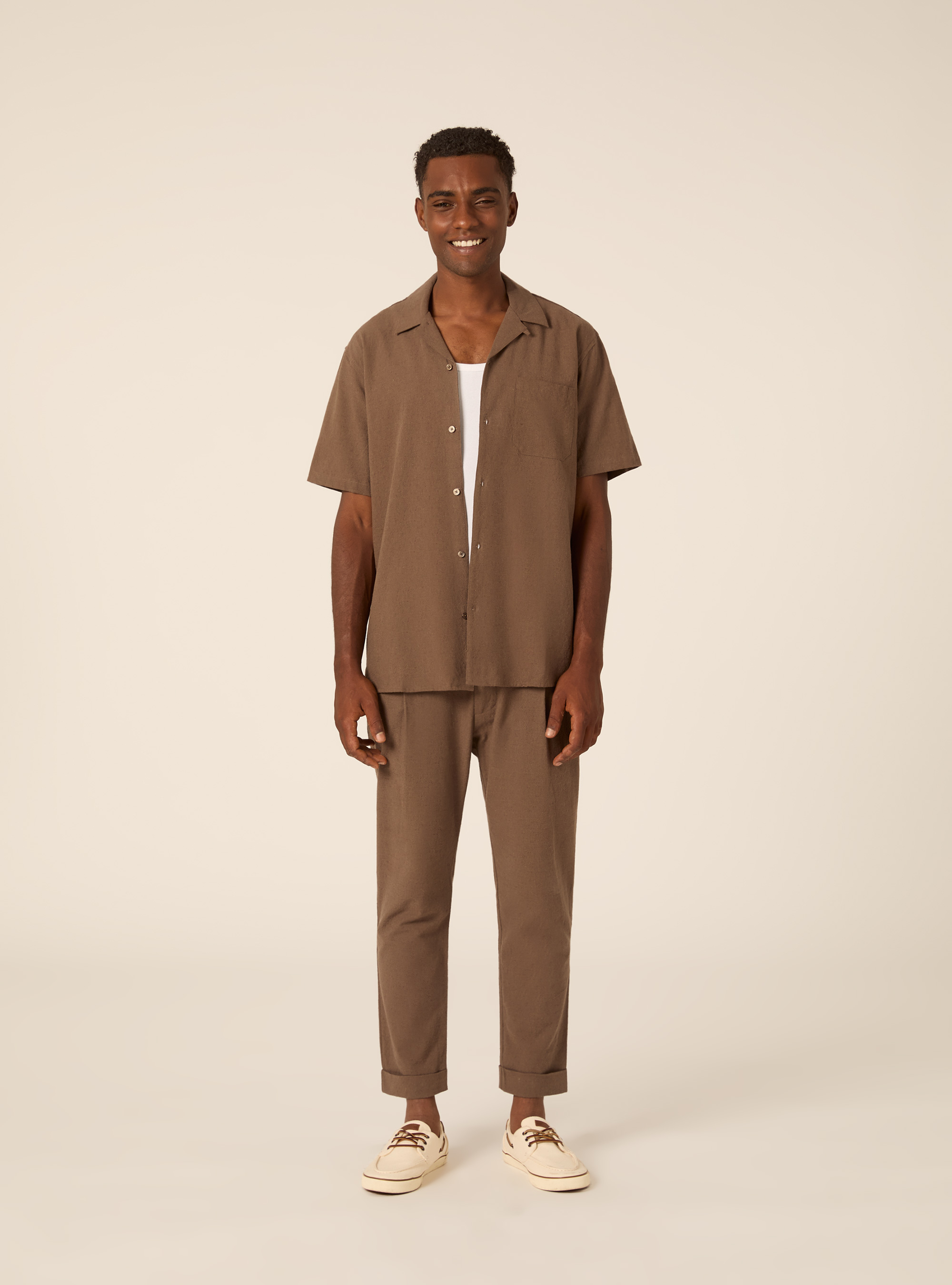 Camicia in misto lino, MBR2 BROWN MEL MED