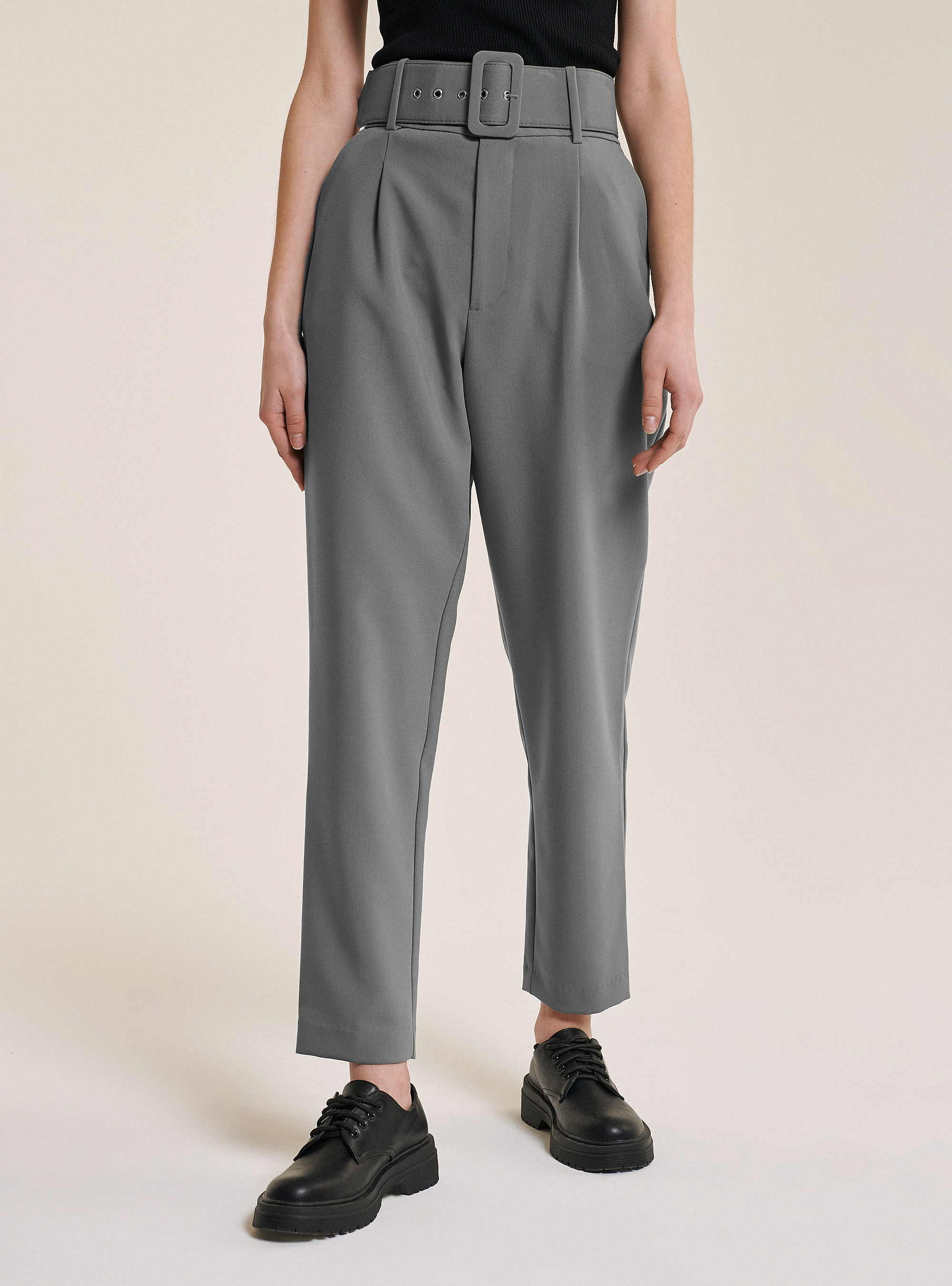 Pantalones de bolsa de papel en lona suave, GRIS MELANGE