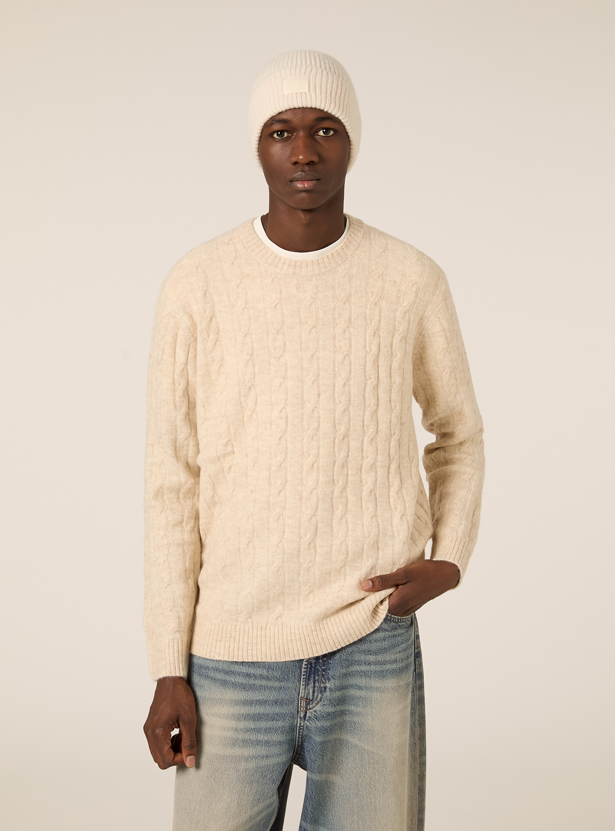 Maglione girocollo cable, MBG3 BEIGE MEL LIGHT